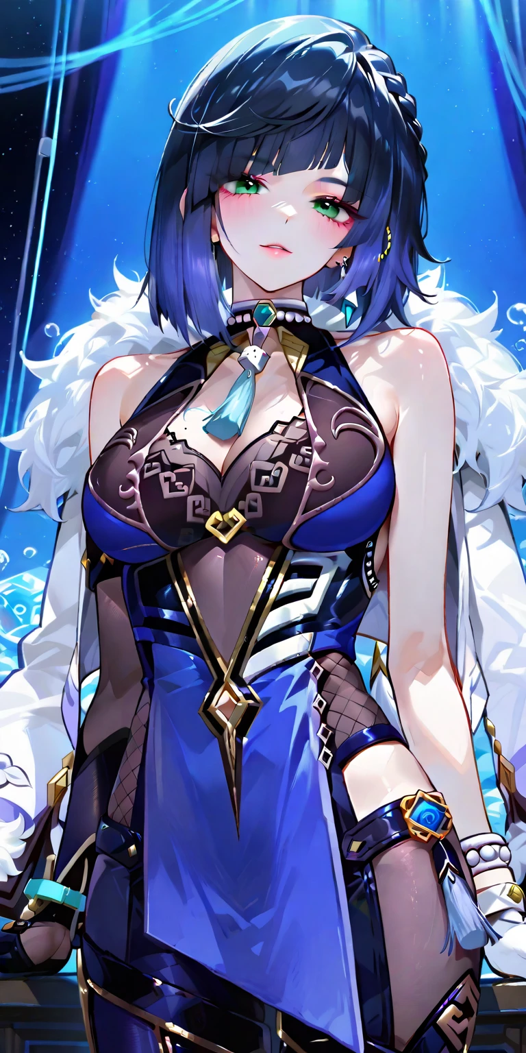 1girl, breasts, yelan_(genshin_impact), solo, large_breasts, blue_hair, cleavage, bangs, bare_shoulders, thighs, vision_(genshin_impact), blue_eyes, fur_trim, diagonal_bangs, multicolored_hair, dice, water, jewelry, parted_lips, short_hair, swimsuit, looking_to_the_side, clothing_cutout, thigh_strap, tassel, one-piece_swimsuit, black_hair
