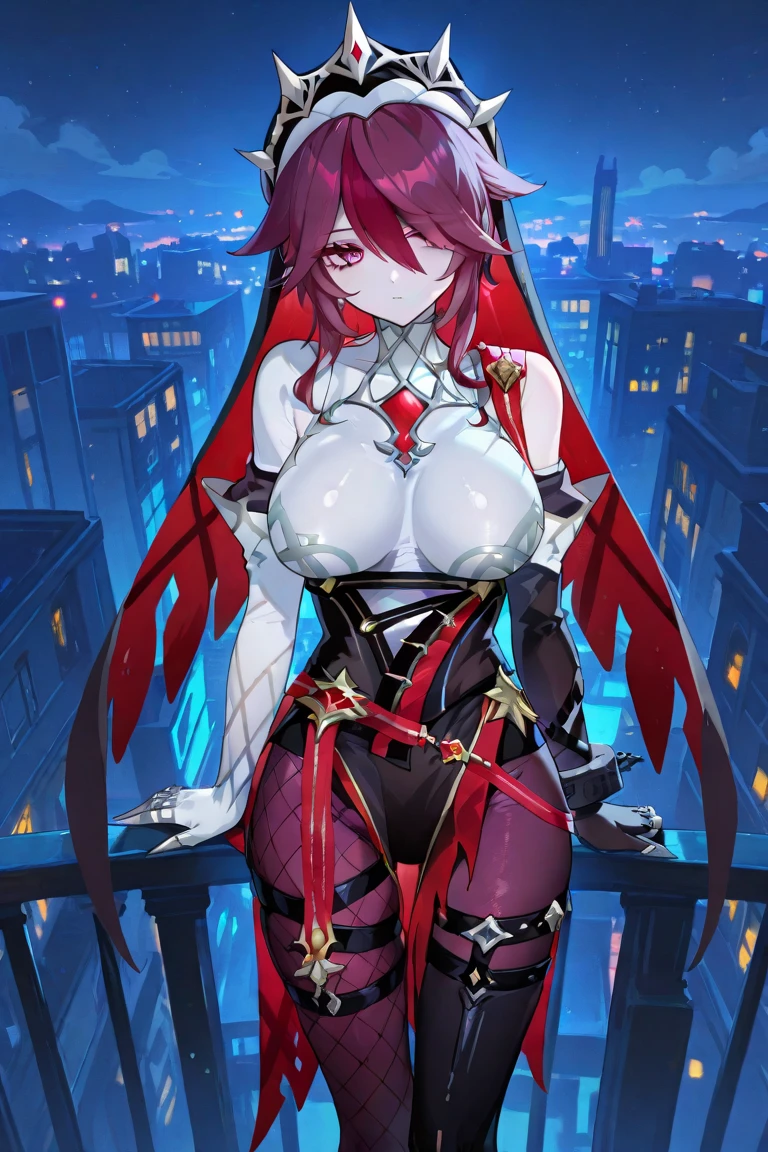 (high quality), (antenna hair: 1.2), thight stockings, mischievous smile, light blush, looking at viewer, large breasts, precise hands, sexy pose, izayoi aki, naked, navel, thong, thight stockings, detailed night street in the background, swaying hip
