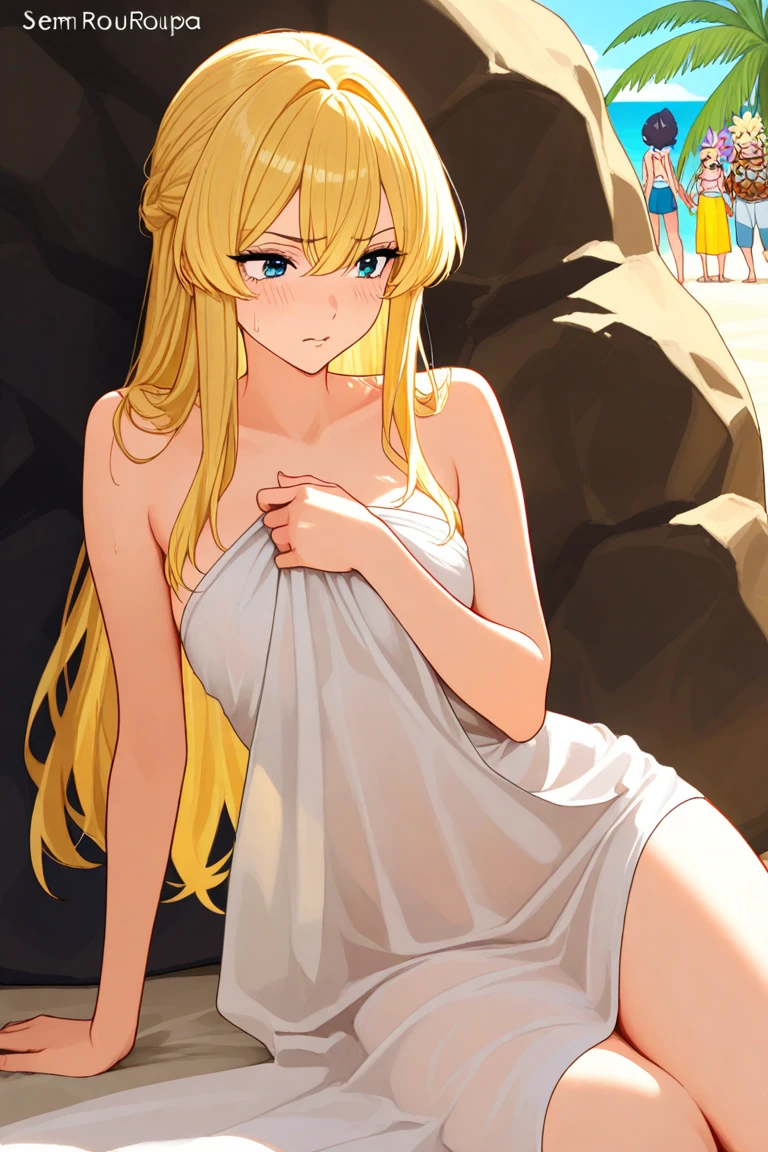(1girl ,solo,20s,mature female),blonde hair,long hair,cat ears,yellow eyes,(((tanned skin))),bare shoulders,looking at view,((thermal font,water)),naked towel