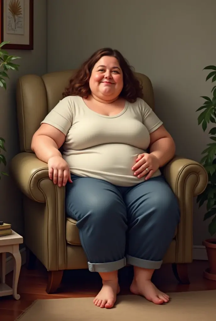 A fat wimen sitting in a chair