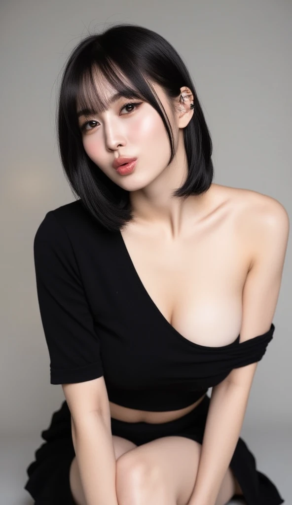ultra high res,masterpiece,best quality, perfect glossy shiny skins, perfect lighting, detailed lighting, dramatic shadows, ray tracing, 1girl, black sweater, looking at viewer, off shoulder, Big breasts, Exposed cleavage, blue Eyes, sharp face, sharp eyes, long bangs, short cut hair, nsfw, ((Dark background)), oversized hoodie, Wearing a black hoodie, Wearing an ugly black hood, wet (sweaty, soaking wet),