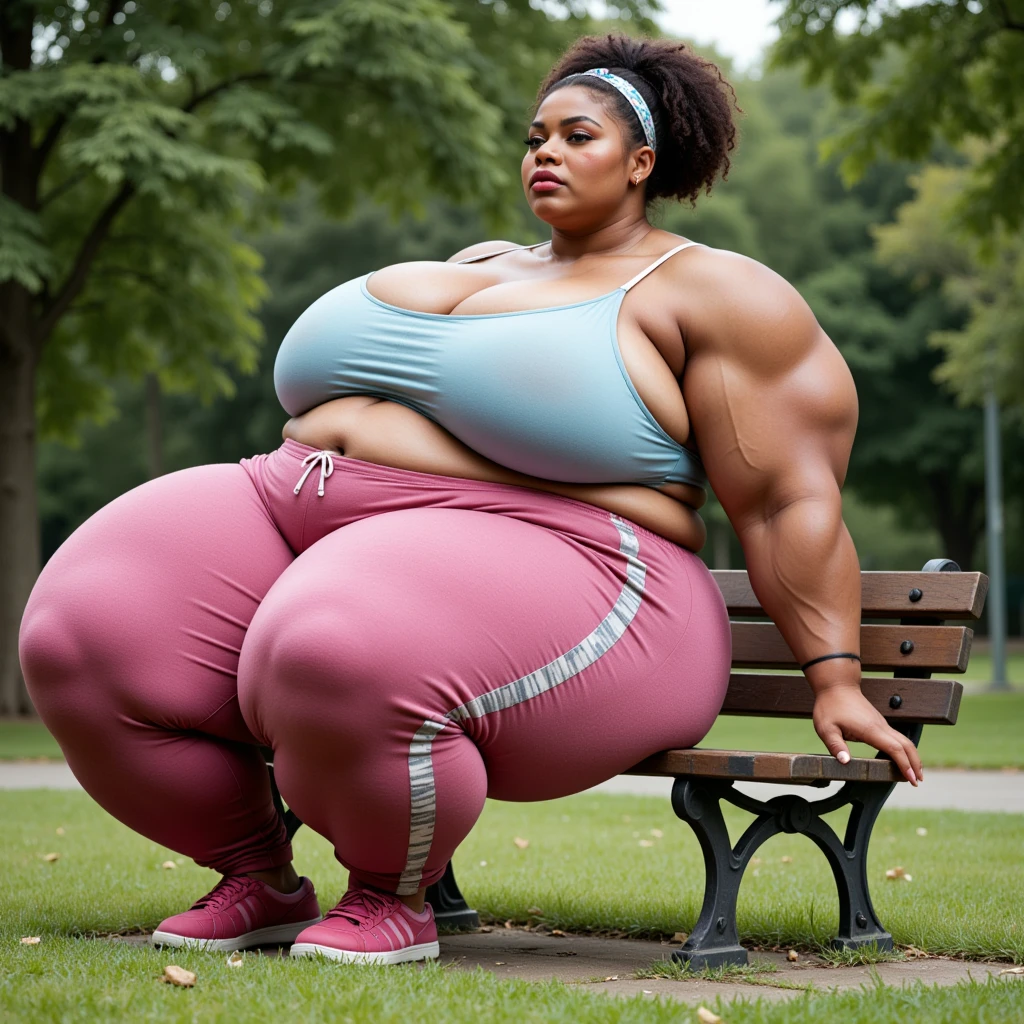 ((Dark skin)), ((dark skinned female)), ((brown skin)) ((giantess)), ((strongfat)), ssbbw, obese, ((strong arms)), white hair, blue eyes, ((tall)), (gentle smile), (wrestling gear), gigantic, insanely large belly, sweaty, subtle blush, (bare arms), ((gigantic biceps)), leotard, fingerless gloves, ((wrestling ring background)), clear face, large eyes, ((heavy shading on lower half of the body)), ((large bicep muscles)), ((looking down at viewer)),