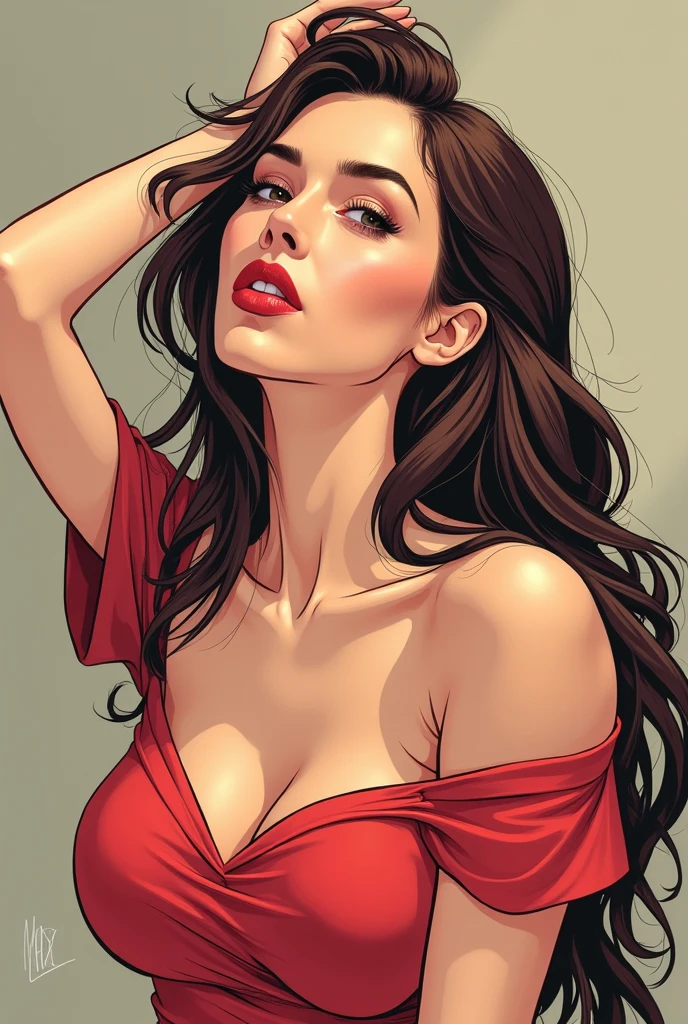 (best quality, highres, ultra-detailed, realistic:1.37), character concept art, beautiful woman, leaning over, red sweater falling off her shoulder, cleavage, extremely sexy, seductive, long hair, luscious lips, comic book art, rough colored sketch, vibrant colors, soft lighting