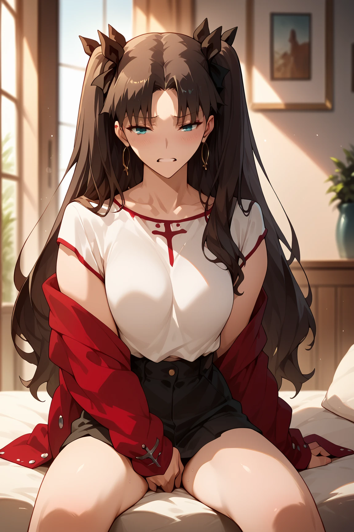 1 woman, 23 years old,Burgundy suspender pajamas, Long hair,black hair, Black eyes,bedroom,Sitting on the bed,shy,blush,Bow your head,Smooth thighs、Middle parting hairstyle、Show forehead,Medium to large breasts,Showing cleavage