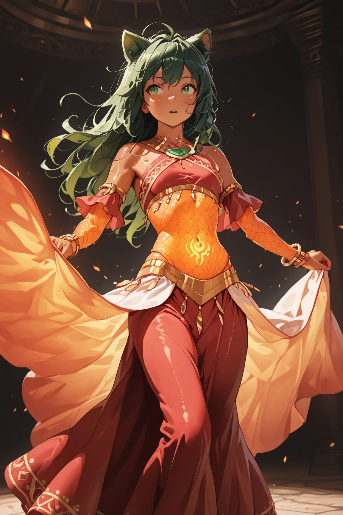 TWINROVA, FIRE HAIR, ICE HAIR, TWINTAILS, GREEN SKIN, WHITE PANTS, YELLOW EYES, 1girl, solo, facing viewer, looking at viewer, smile.