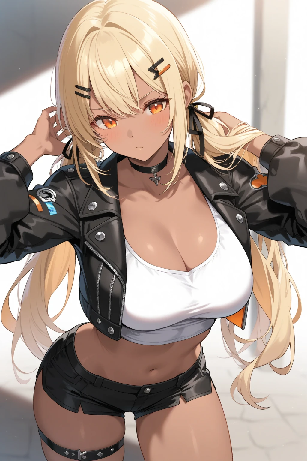 (best illumination, best shadow, masterpiece, high quality), 1 girl, upper body shot, perfect body, huge breasts, jacket, rain, outdoor, sweatshirt, open jacket, chain, backpack, looking at other, hair split in middle, tanned skin, female focus, trend in artstation, 8k resolution, highly detailed, anatomically correct, sharp image, digital painting, concept art, trend in pixiv