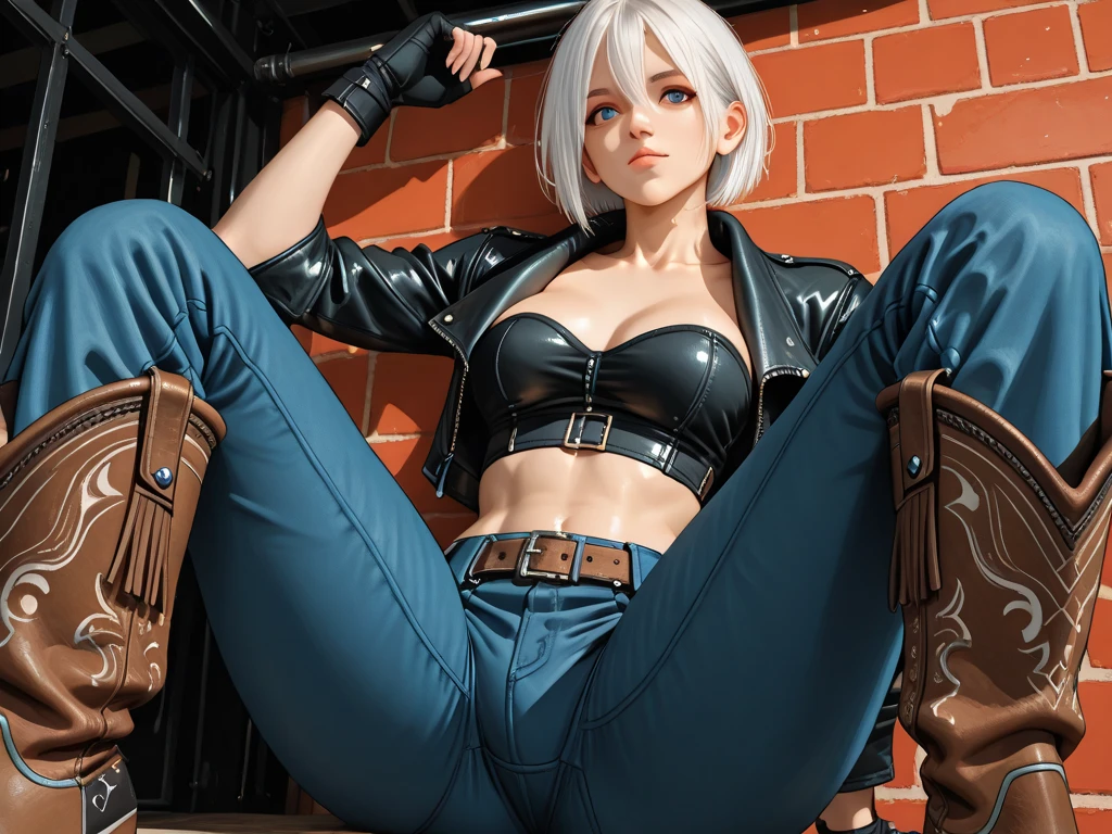 rating_explicit, beautyful woman, lady (from devil may cry 5:1.1), black bra, white jacket, sit, crossed legs