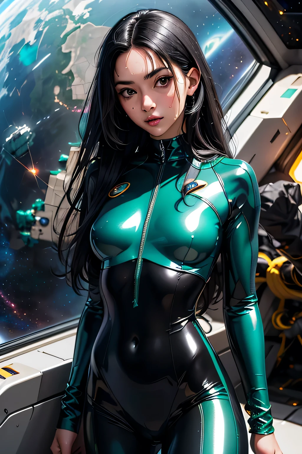 Full body shot sandy hair fit body large breasts slender thighs slender waist pilot suit solo looking at viewer in space  long shaggy wet black hair falling on her long black shoulders, glowing green, eyes red lips muscular body blushing determination, 8k, extreme detail,