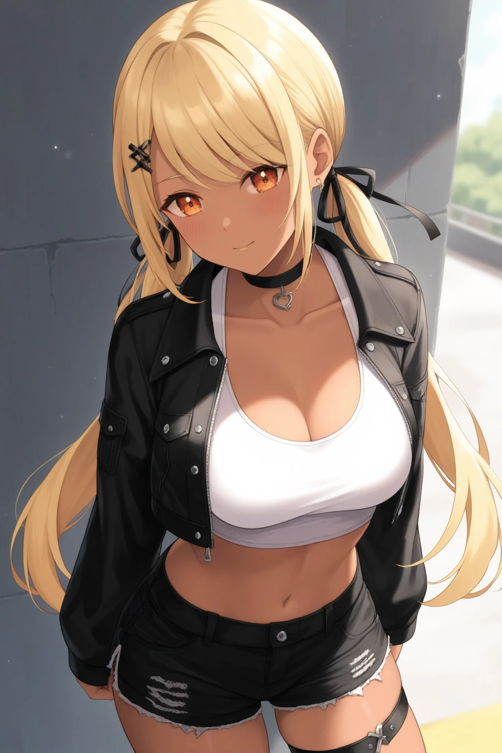 dark skin,black leather jacket,blonde,ponytail,black jeans, wearing a white tank top underneath,big tits,