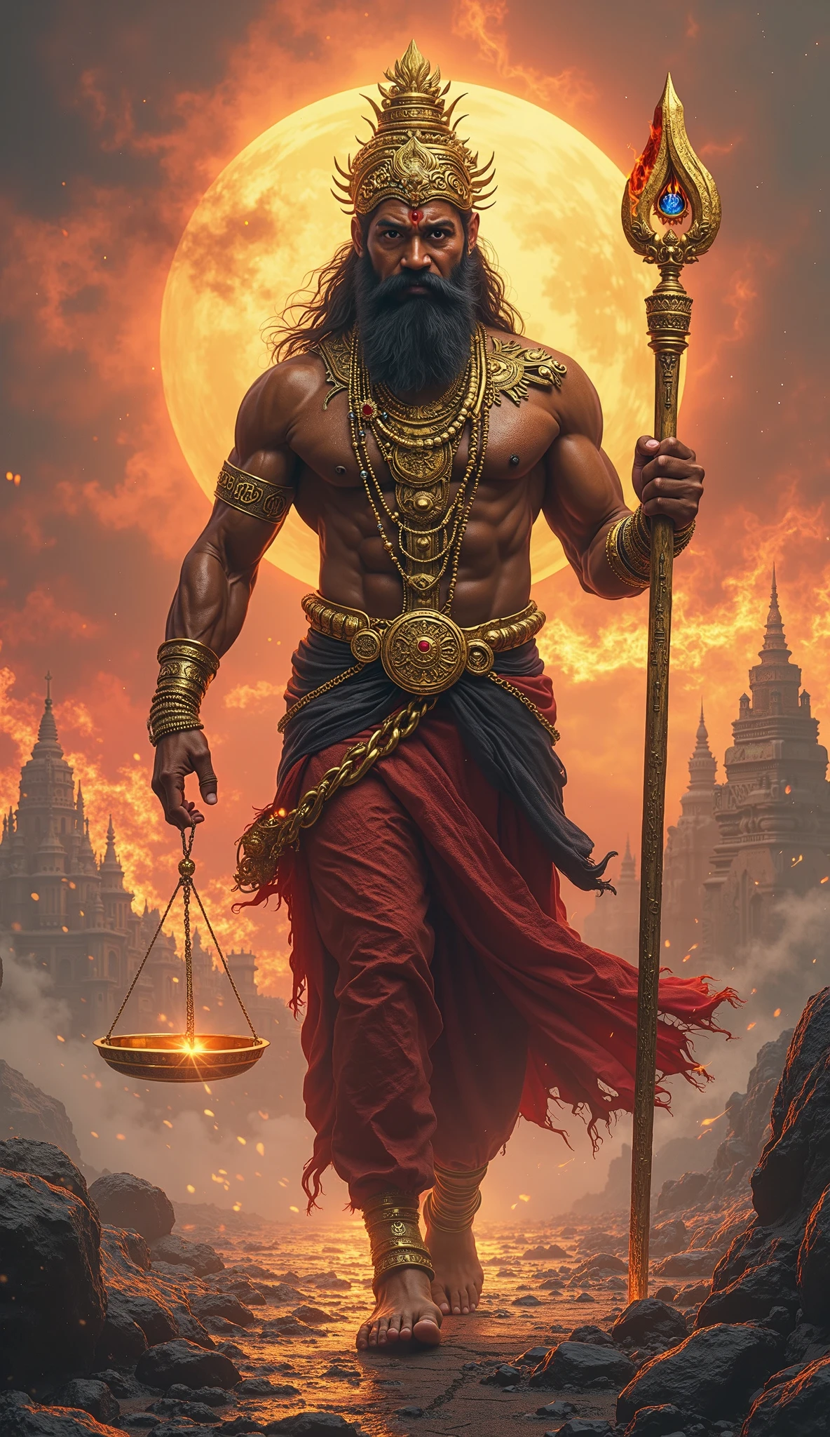 “From that day forward, Shani Dev uses his gaze with a sense of duty and justice. He is depicted looking at various individuals, his gaze no longer harsh without reason but measured and fair. The background shows a balance scale, symbolizing justice, with a divine light shining down, highlighting Shani Dev’s commitment to using his power wisely, delivering results according to people’s karma rather than causing unnecessary suffering.”