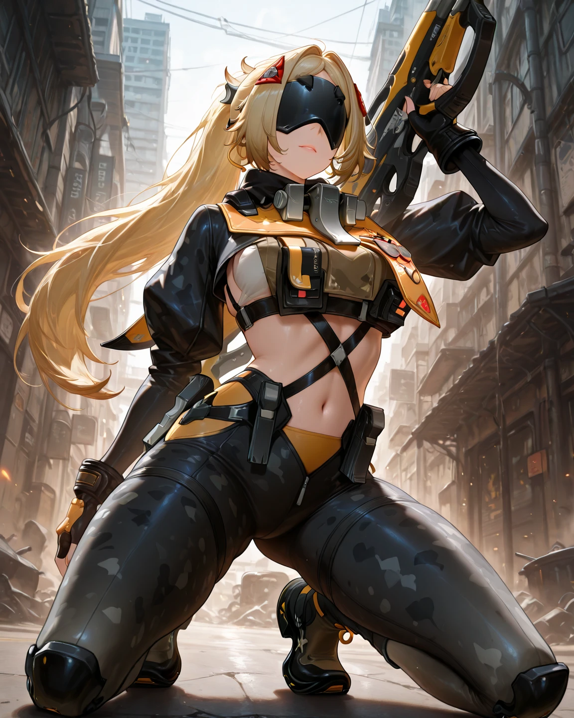 ((masterpiece)), ((best quality)),
1girl, solo, blonde hair, red eyes, black leotard, red belts, arm belt, big breasts, black thighhighs, masterpiece, best quality, cool, bare shoulders, gauntlets, smile,
sitting on edge of skyscraper, sunset,
cinematic lighting, beautiful, soft lighting, insane detail, absurdres, 8k uhd, light particles,