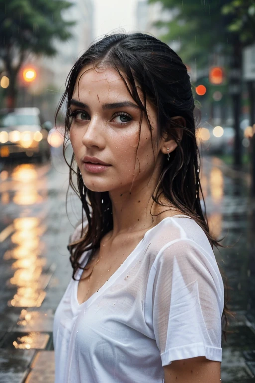 Highest quality, 4k, high definition,highly detailed body, highly detailed eyes, highly detailed lips, highly detailed face, closed lips, firm breasts, wet body, highly detailed background, bus stop background, sexy girl in wet white clothes, off-shoulder,see-through, waiting for bus, wet, raining