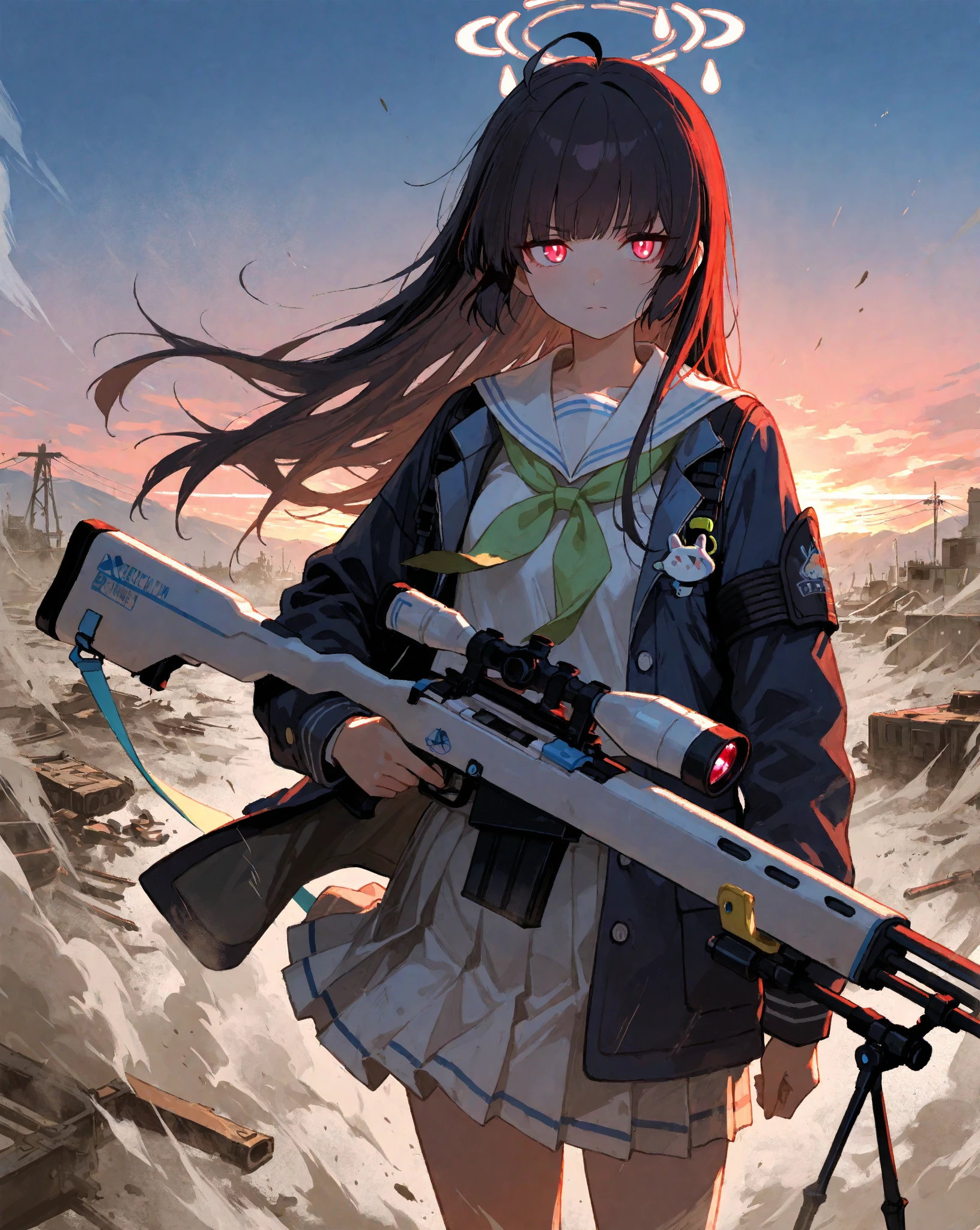 masterpiece, best quality, ultra detailed, solo, kasumizawa miyu from blue archive, wearing her original blue archive school uniform with dark blazer and pleated skirt, standing ready to deploy, straight dark hair flowing slightly in the wind, serious and focused expression, holding her sniper rifle at her side, glowing red eyes, looking straight ahead with cold determination, urban battlefield background at dusk, dramatic lighting and tension in the air, dust and wind swirling, anime + semi-realistic rendering