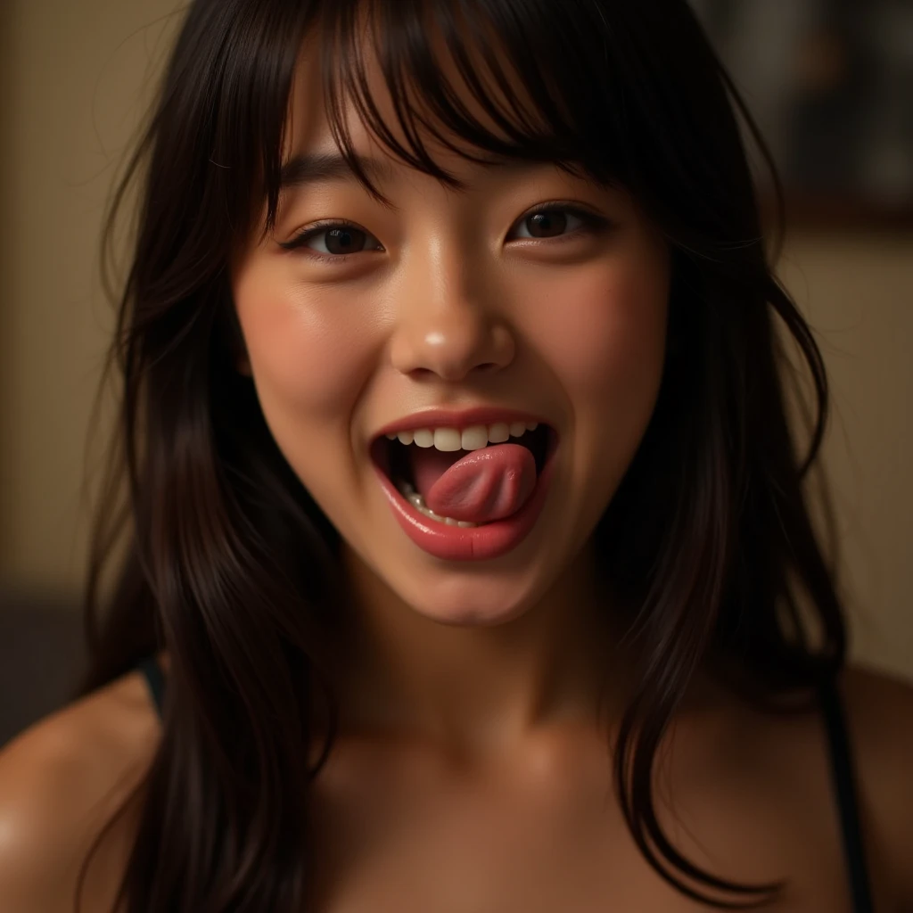 cheerful face,face focus,opening mouth widely,excessive  in open mouth,penis on mouth,happy,at office,cream sweater,disheveled