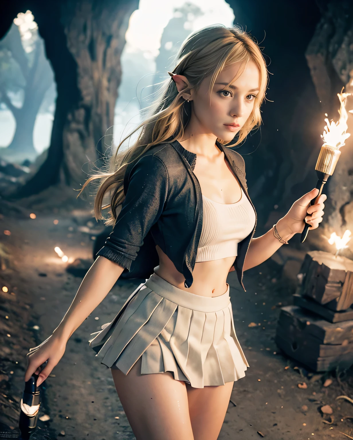 absurdres, highres,
BREAK
looking at viewer, cowboy shot, (from front:1.5)
BREAK
(vivid-color:1.3)
BREAK
(one girl:1.3), (:1.2), zelda\(princess\), the legend of zelda, blond hair, green eyes, princess zelda, tears of the kingdom, hairclip, earrings, jewelry, nm1, short hair, (pleated super short skirt:1.4), (thighs:1.3), (large ass:1.3), large breasts, (Anxious face:1.5), open mouth, (Walking with a torch, torchlight:1.5), (breast:1.3), ass, round eyes, (blowing in the wind:0.5), sweat around girl, dripping sweat, squall (wind:1.2), sense of speed, refreshing breeze, motion blur effect, wind
BREAK
(fantasy:1.1), background is (cave, dark cave, torch:1.3), dim, (Stand in the center of the screen:1.3), indoors,
BREAK
light particles, dynamic angle, dutch angle, perspective
BREAK
depth of field, bokeh, light leaks, (chromatic aberration:1.2), noon
BREAK