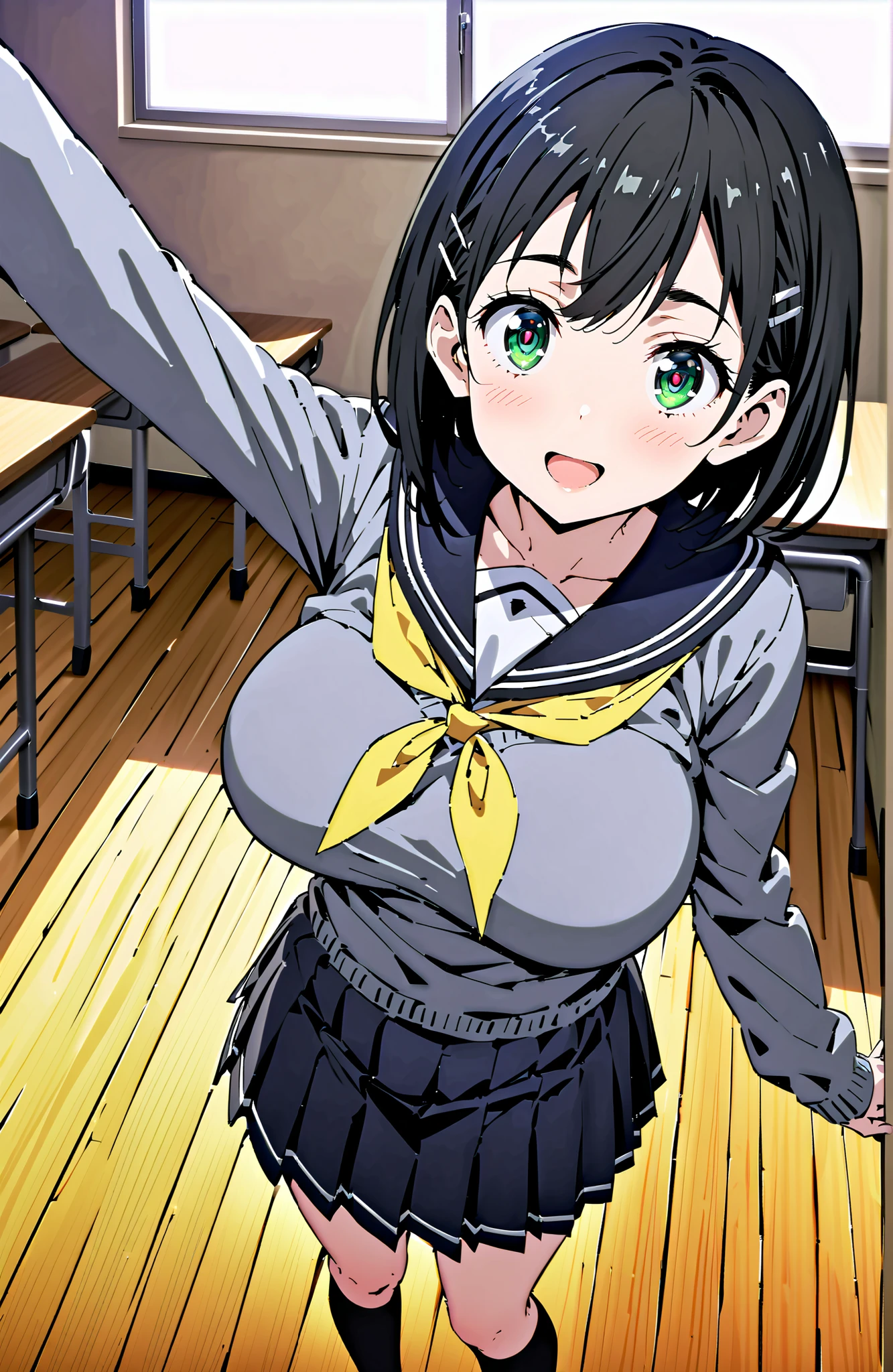 score_9, score_8_up, score_7_up, source_anime, Kirigaya Naoha , short hair, black hair, hair ornament, hair clip, green eyes,smile,blush,and open the mouth,Big Breasts,
school uniform, skirt for ears, pleated skirt for ears, sailor collar, black skirt for ears, Sailor Suit, long sleeve, neckerchief, (gray sweater, sweater:1.2), black sailor collar, yellow neckerchief, black high socks,Holding a bouquet in both arms,standing,break looking at viewer,full body,
break indoors,Classroom,
break (masterpiece:1.2), best quality, high resolution, Unity 8Kの壁紙, ( illustration :0.8), (beautiful detailed eyes:1.6), very detailed faces, perfect lighting, very detailed CG, (perfect hand in h, 完璧な解剖学),
