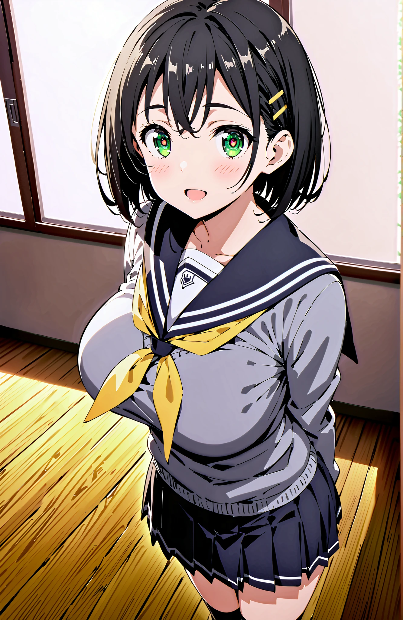 score_9, score_8_up, score_7_up, source_anime, Kirigaya Naoha , short hair, black hair, hair ornament, hair clip, green eyes,smile,blush,and open the mouth,Big Breasts,
school uniform, skirt for ears, pleated skirt for ears, sailor collar, black skirt for ears, Sailor Suit, long sleeve, neckerchief, (gray sweater, sweater:1.2), black sailor collar, yellow neckerchief, black high socks,Holding a bouquet in both arms,standing,break looking at viewer,full body,
break indoors,Classroom,
break (masterpiece:1.2), best quality, high resolution, Unity 8Kの壁紙, ( illustration :0.8), (beautiful detailed eyes:1.6), very detailed faces, perfect lighting, very detailed CG, (perfect hand in h, 完璧な解剖学),