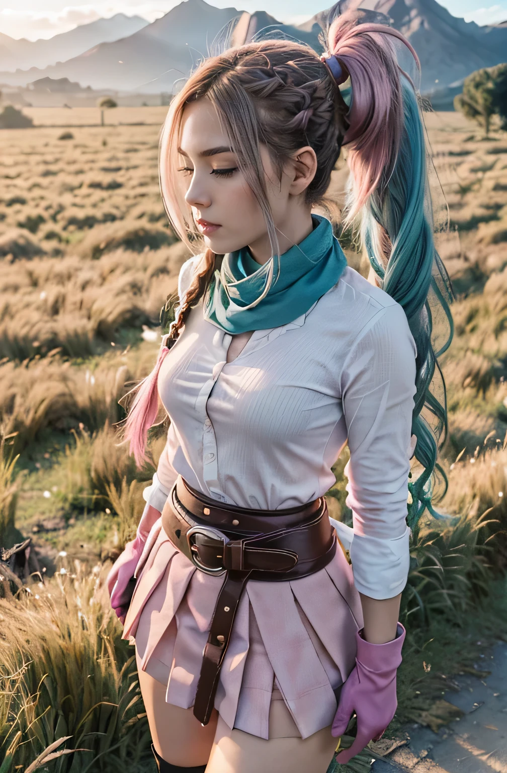 masterpiece, best quality, highres, dragon ball, blmpony, aqua hair, hair ribbon, braided ponytail, pink shirt, belt, scarf, pink skirt, clothes writing, brown gloves, medium breasts, field, grass, wariza, :o,