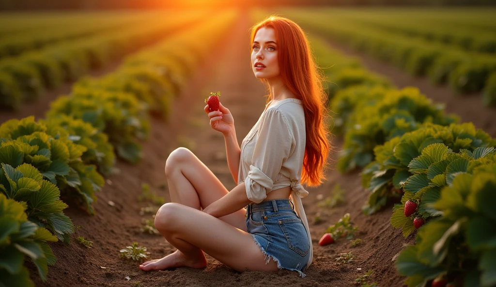 A white woman, with medium wavy red hair sitting on a wooden bench with a farm in the background, in her hand she holds vegan foods
