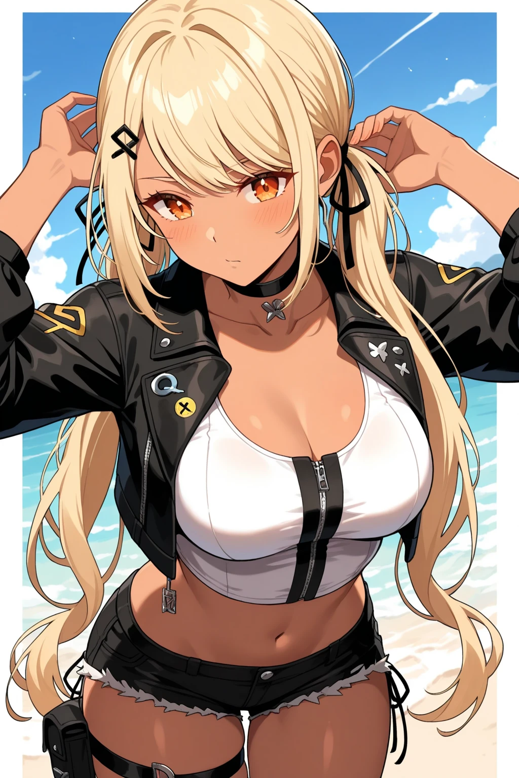 ((high_quality)), ((best_quality)), facing_forward, masterpiece, great_quality, ((tanlines:1.3)), tan_lines, brown_skin, tomboy, muscle, blonde, gyaru:1.7, thick_thighs:1.2, big_ass:1.1, abs:1.5, twintails:1.1, sweat, solo, (solo_girl:1.7), navel:1.2, (smug:1.5), long_hair, bandages, white_top, black_shorts, black_jacket, <lora:neon_palette_offset:0.3>, <lora:add_detail:0.3>, <lyco:GoodHands-beta2:0.4>, <lyco:fitgirl_v10:0.1>, ((wrestling_ring))
