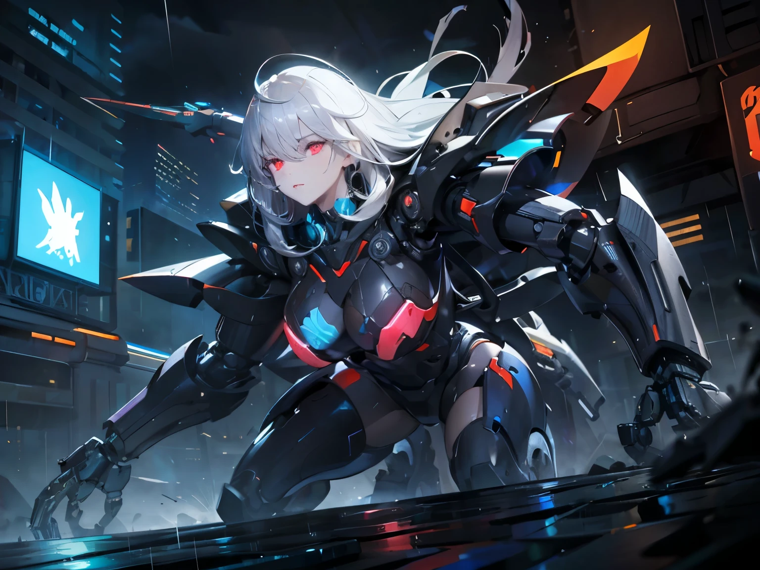 Create a futuristic setting with a female humanoid robot featuring a sleek, silver and black design. The robot has long, flowing hair that contrasts with its metallic body and glowing red eyes, exuding an aura of advanced technology. The large mechanical arm transform to become a long, sharp blade, no hand. ForeArm is the blade, no hand. The setting should depict a cyberpunk-style cityscape drenched in rain, with neon lights reflecting off the wet surface. The atmosphere is dark and gloomy, emphasizing the symbiosis of technology and beauty. Capture both the intricate mechanical details of the robot and the dramatic atmosphere of the city