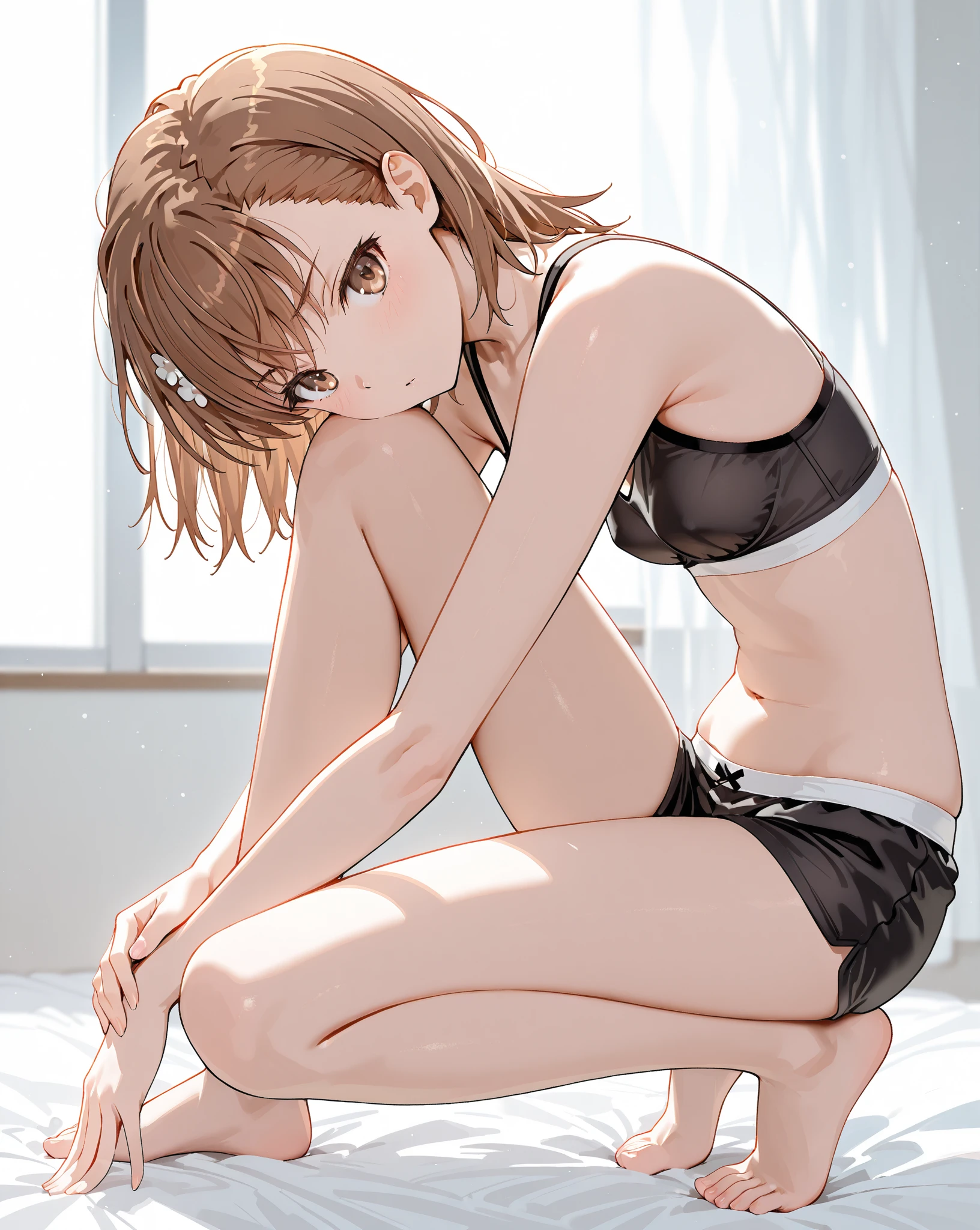 Alisa Ayase in a bikini laying down on her side poseing with her arm for support