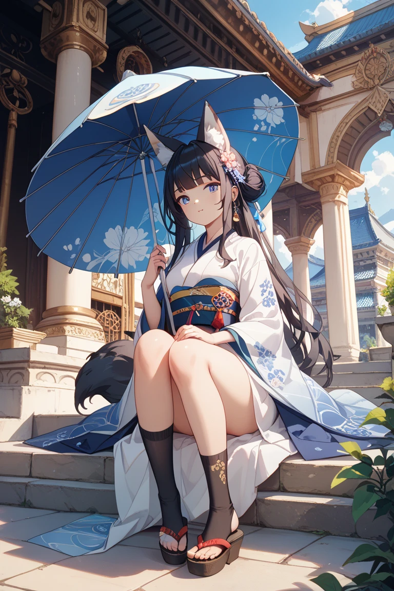 One Girl, Fox Girl, Nine-Tailed Fox,Fox Ears, Black colored hair, Fox Makeup, Kimono with open chest, Body size is 100-70-90!, Nice body, Avatar, face, Open chest, ???? face, Dominant representation, naughty face, Big Breasts, Emphasize cleavage,Show bare skin, Skin is visible, With legs apart, Show off your thighs, M-shaped legs, A beautifully patterned kimono,Red and black flowing water pattern kimono, I can see her cleavage, Muscular, Uplifting, Abdominal muscles, Exposed skin, Long Hair, Skin Texture, Soft breasts, Large Breasts, Standing in a grassy field, outside, Blue sky,Composition facing directly ahead, Grab your breasts with both hands, Fingers digging into breasts, Developmental atmosphere, god mysterious painting