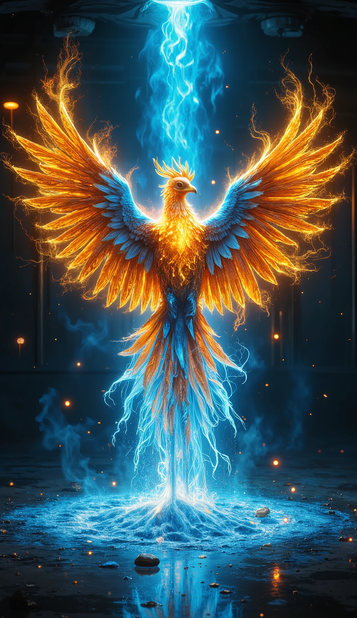 *"A mythical bird mid-rebirth: its molten gold wings drip into a pool of metallic blue, creating mesmerizing marbleization effects. Each feather transitions from gold at the shaft to cobalt at the tips, with glowing embers floating upward in reverse gravity. Highly reflective surfaces mimic mercury glass."*