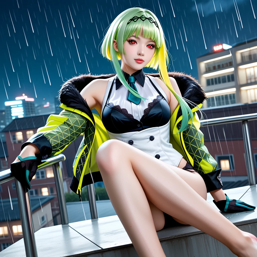 best quality,masterpiece,ultra high res,(photo realistic:1.4),1 girl,medium breasts,big blue eyes,silver hair,black school uniform,cute,young,posing,very long hair,flower,headband,looking at viewers,rain, wet, professional lighting, physically-based rendering,
