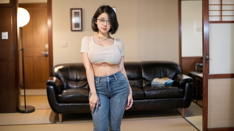 beautiful detailed, cute face, short, mexican , medium black hair, black hair over one eye, glasses, long-sleeved tucked in v neck T-shirt, long pants, solo, voluptuous breasts, full body photo.