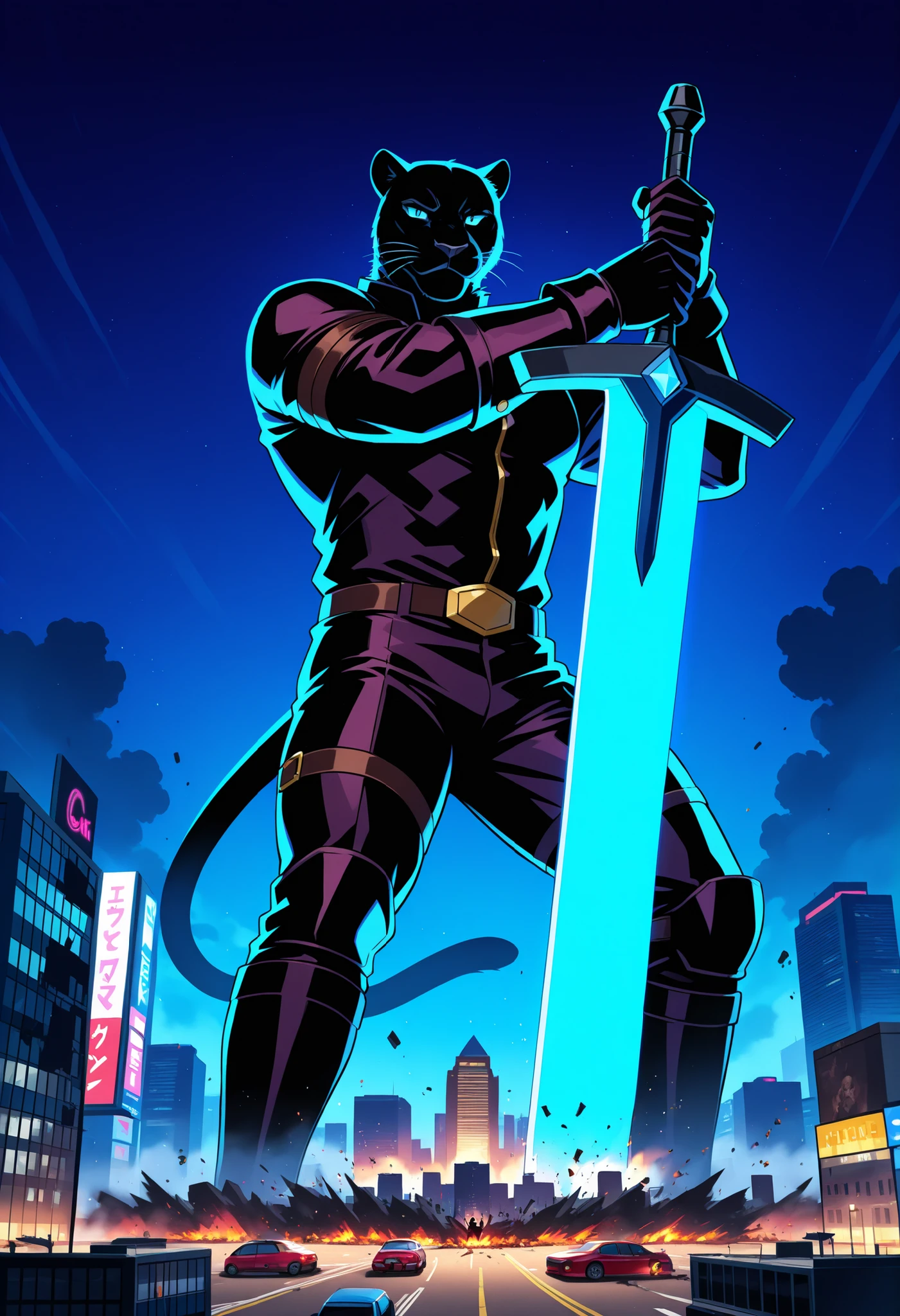 A black panther man with sword, happy pose, happy expression, (cool sword), (macro in city), causing massive destruction
