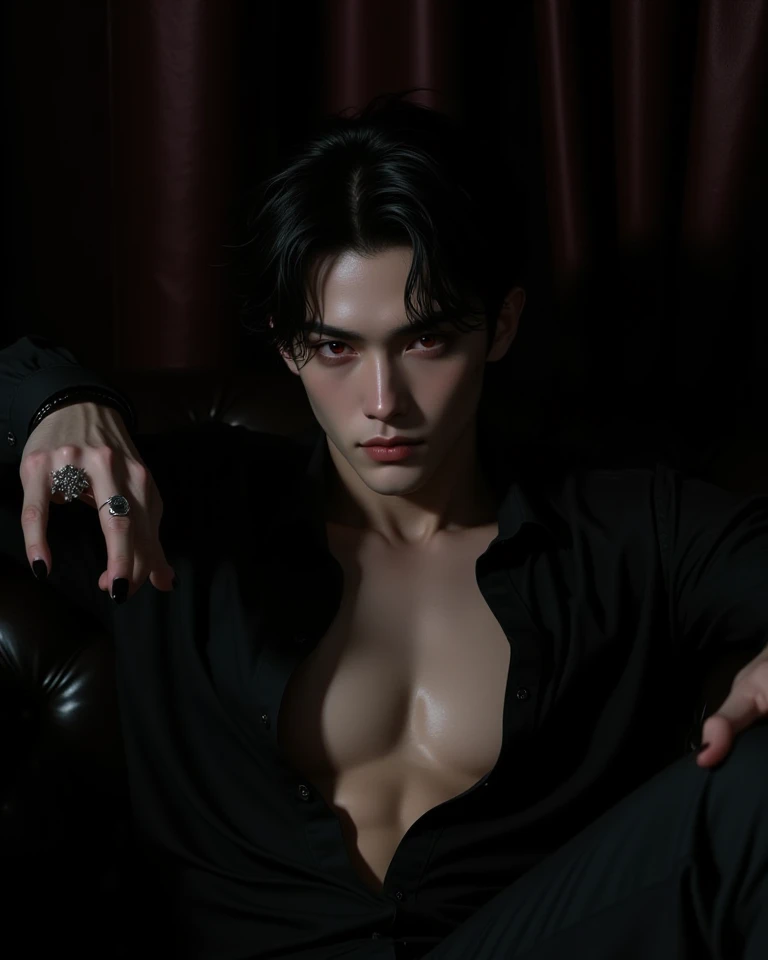 Stunning dark fantasy intricately detailed masterpiece in 32k, UHD, scene contains a 25 year old anime manga male vampire with pale skin, piercings, visibly tattooed with floral designs, fangs, in an intimatepose with long black hair grey eyes freckled skin, intimatelykissing a 25-year-old male on his back, giving an impression of a dark fantasy atmosphere, Dark fantasy romantic semirealistic manga comic style. Volumetric and dynamic lighting. Hyperdetailed photorealistic hyperrealistic