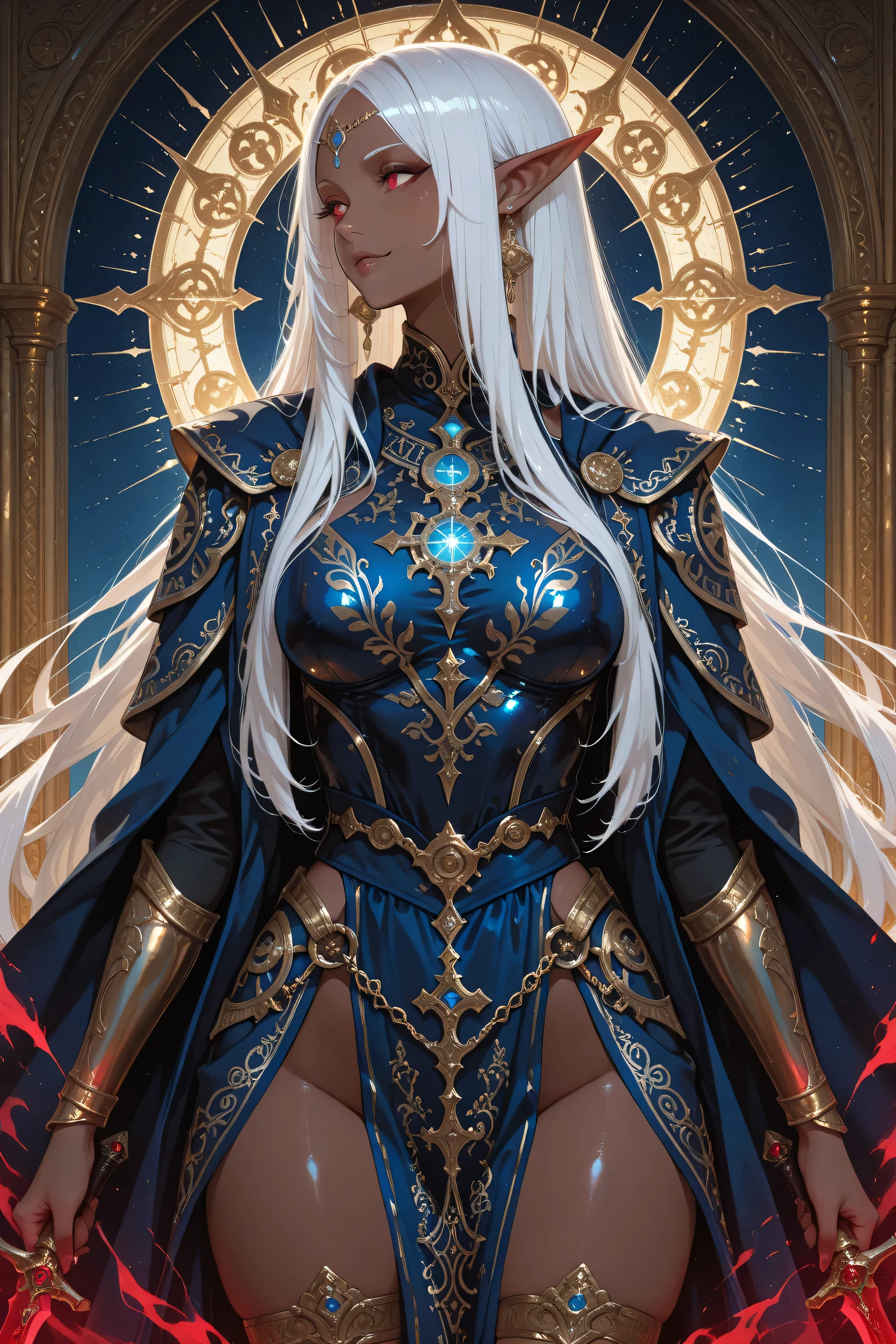 Masterpiece, best quality, amazing quality, delicate illustration, latest work, very aesthetic, sharp focus, subjective. A commanding dark elf villainess warrior named Elma, with rich brown skin, long white hair adorned with a red ribbon, and sharp red eyes glowing intensely. She stands in a profile cowboy shot, looking to the side with a villainous smile, exuding a powerful red aura. Her attire is a stunning "Duet of Blue and Gold" ensemble: a form-fitting, intricately designed outfit blending deep sapphire blue fabrics with shimmering gold accents, featuring delicate carvings on armored plates, flowing blue capes with golden embroidery, and ornate gold jewelry that glints in the light. She holds a radiant red sword, its blade pulsing with energy. Her long white hair with bangs flows in the wind, and she wears elegant earrings. The background is a "Duet of Blue and Gold" celestial citadel, with towering spires of sapphire and gold, glowing blue runes etched into marble walls, golden chandeliers casting warm light, and a starry night sky visible through arched windows, all drawn in anime style with cinematic brilliance and high-definition detail. The composition emphasizes her commanding presence and villainous allure.