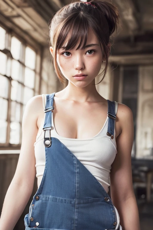 (slightly above), (best quality: 1.5), (realistic: 1.5), (1 person: 1.5), (very detailed), (high resolution), 8k, (naked overalls), (small breasts), Natural colored lips, cute smile, Japanese woman, 20 year old girl, (Beautiful and elaborate face), (Perfect and beautiful face), (Big eyes), (Beautiful and elaborate face), (Beautiful eyes with left and right balance) , beautiful double eyelids, perfect and beautiful face, thin arched eyebrows, slim face, (slim figure), beautiful thin nose, beautiful skin, (medium bob hair), natural bangs, fair skin, frontal lighting, (lighting the face), brunette eyes, slim waistline, slender beautiful legs, beautiful cleavage, small breasts, (slim body), wear overalls naked, factories, mechanics, warehouses, machinery, beautiful breasts,