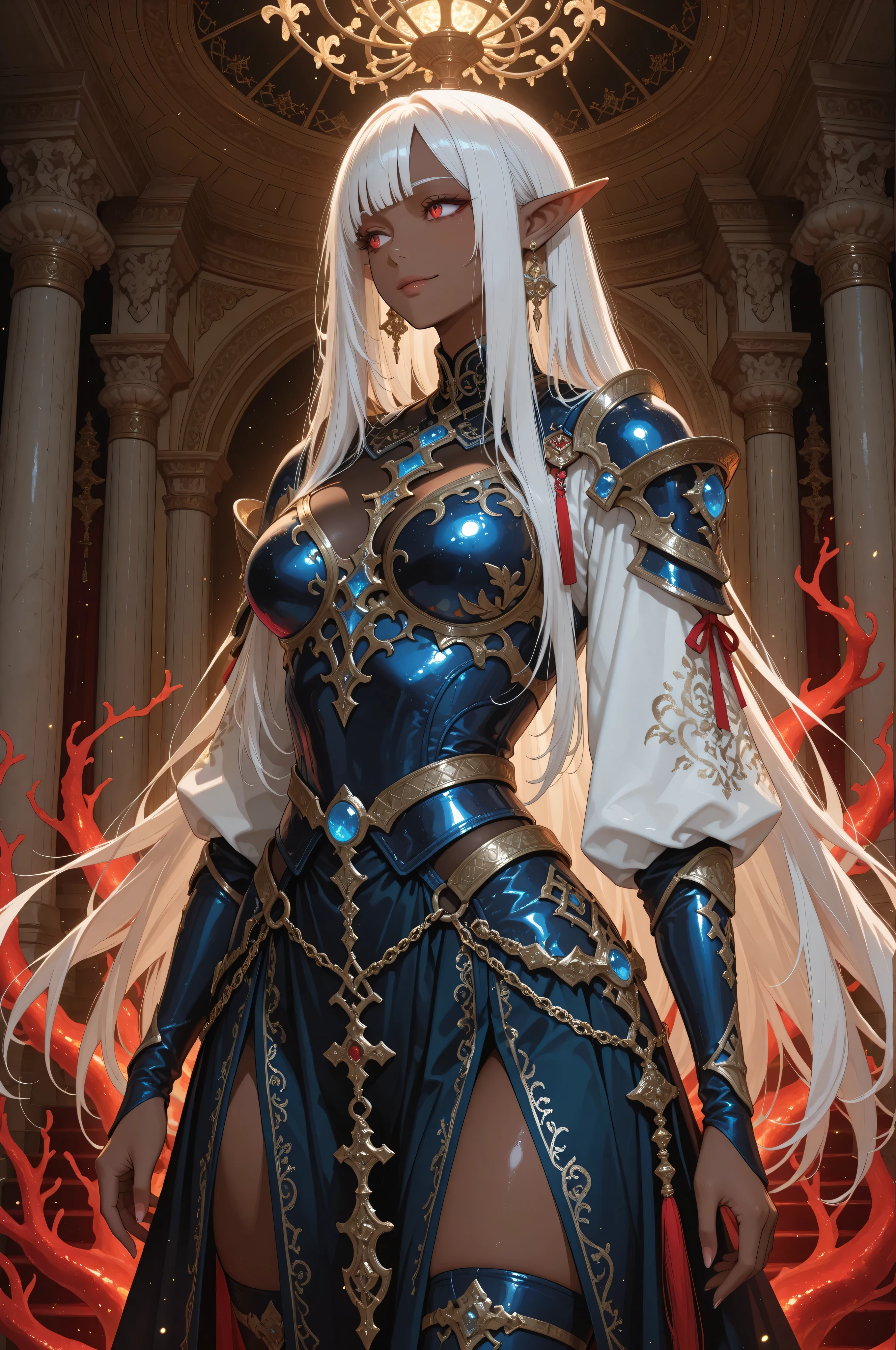 Masterpiece, best quality, amazing quality, delicate illustration, latest work, very aesthetic, sharp focus, subjective. A commanding dark elf villainess warrior named Elma, with rich brown skin, long white hair adorned with a red ribbon, and sharp red eyes glowing intensely. She stands in a profile cowboy shot, looking to the side with a villainous smile, exuding a powerful red aura. Her attire is a breathtaking "Duet of Blue and Gold" outfit: a sleek, battle-ready ensemble with sapphire blue leather armor adorned with golden filigree, a flowing blue skirt with gold-trimmed edges, and a gold-embellished breastplate that highlights her strength. She wields a radiant red sword, its glow contrasting her attire. Her long white hair with bangs sways in the breeze, complemented by dangling gold earrings. The background is a "Duet of Blue and Gold" mystic ocean throne room, with a grand throne of blue crystal and gold inlays, surrounded by shimmering turquoise waves and golden coral sculptures, illuminated by soft blue light filtering through a domed ceiling, all rendered in anime style with cinematic brilliance and high-definition detail. The scene amplifies her dominant and menacing charisma.((背景は蒼と金の二重奏:1.3))