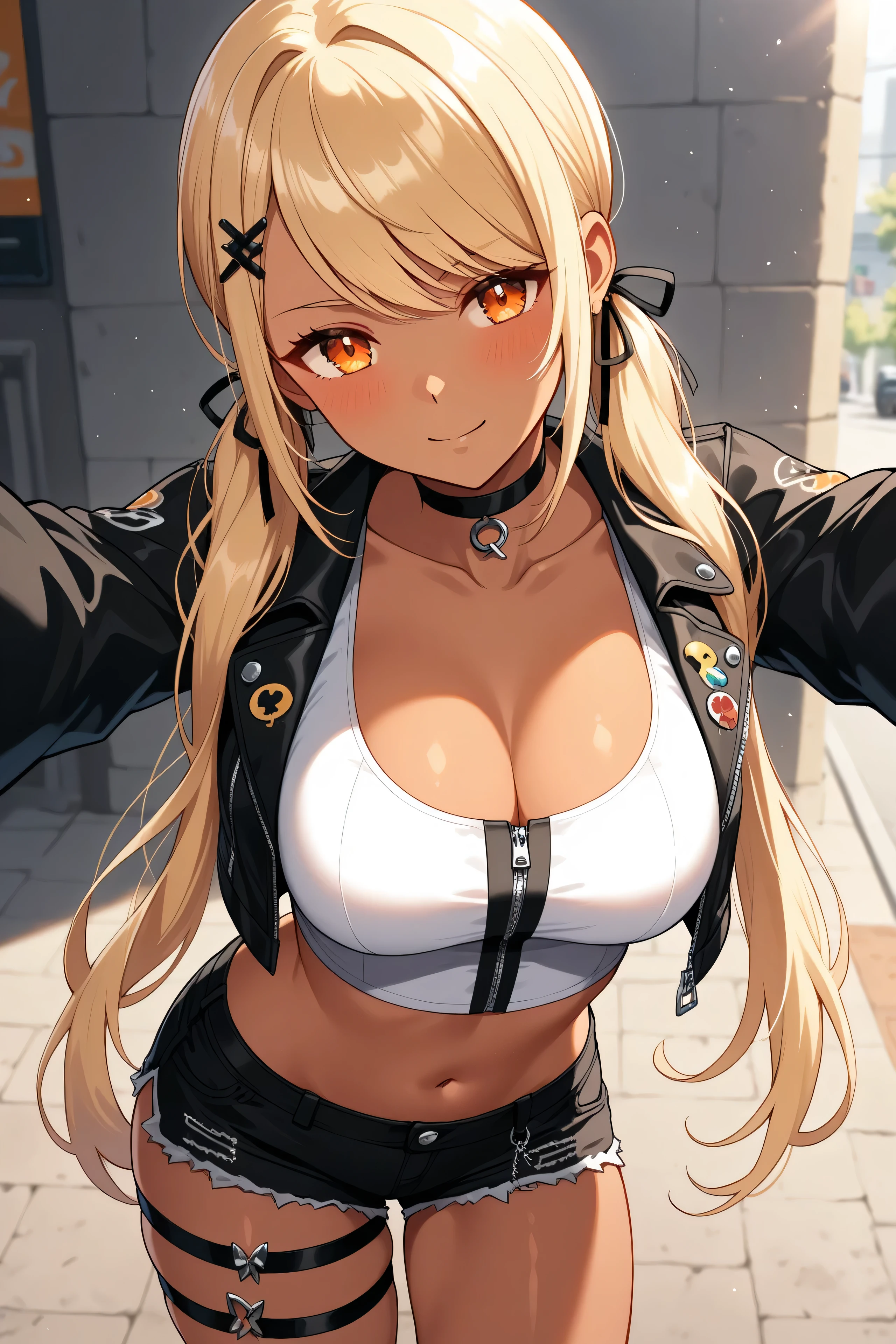 最high quality、best image quality、masterpiece、age girl((18-year-old、 By becoming、vest bust、medium bust,wide open breast tea、black eye, blonde hair、Habitual hair、long hair、thin,highest valley、navel black tank top、blue shorts、Holding a spray can、smug face、leaning forward、paint跡、Black leather jeans、cap hat)),high quality、beautiful art、background((Bright city、wall、graffiti、paint、))debris flies、Depth of written boundary、movie、visual art、perfect art、8K,genuine
