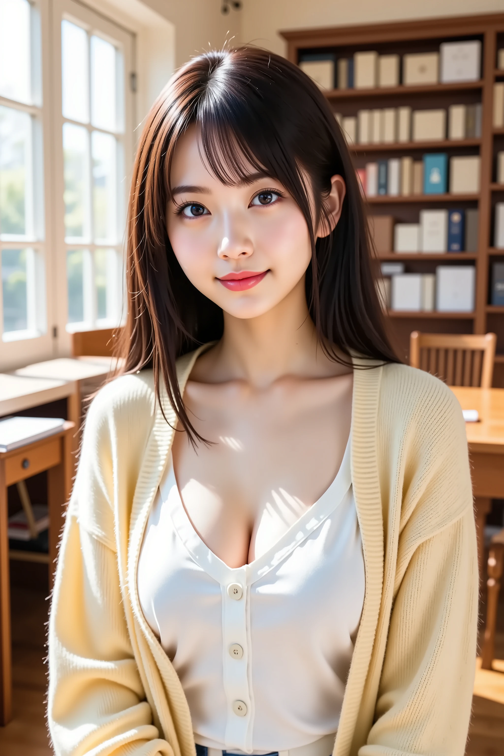 ((((upper body shot)))),((((Nude)))),(((nipples))),(((sagging breasts))),Ultra-high resolution,big eyes,Japanese,(a girl),(1 girl),long hair,pretty,grin,((arms behind back))
