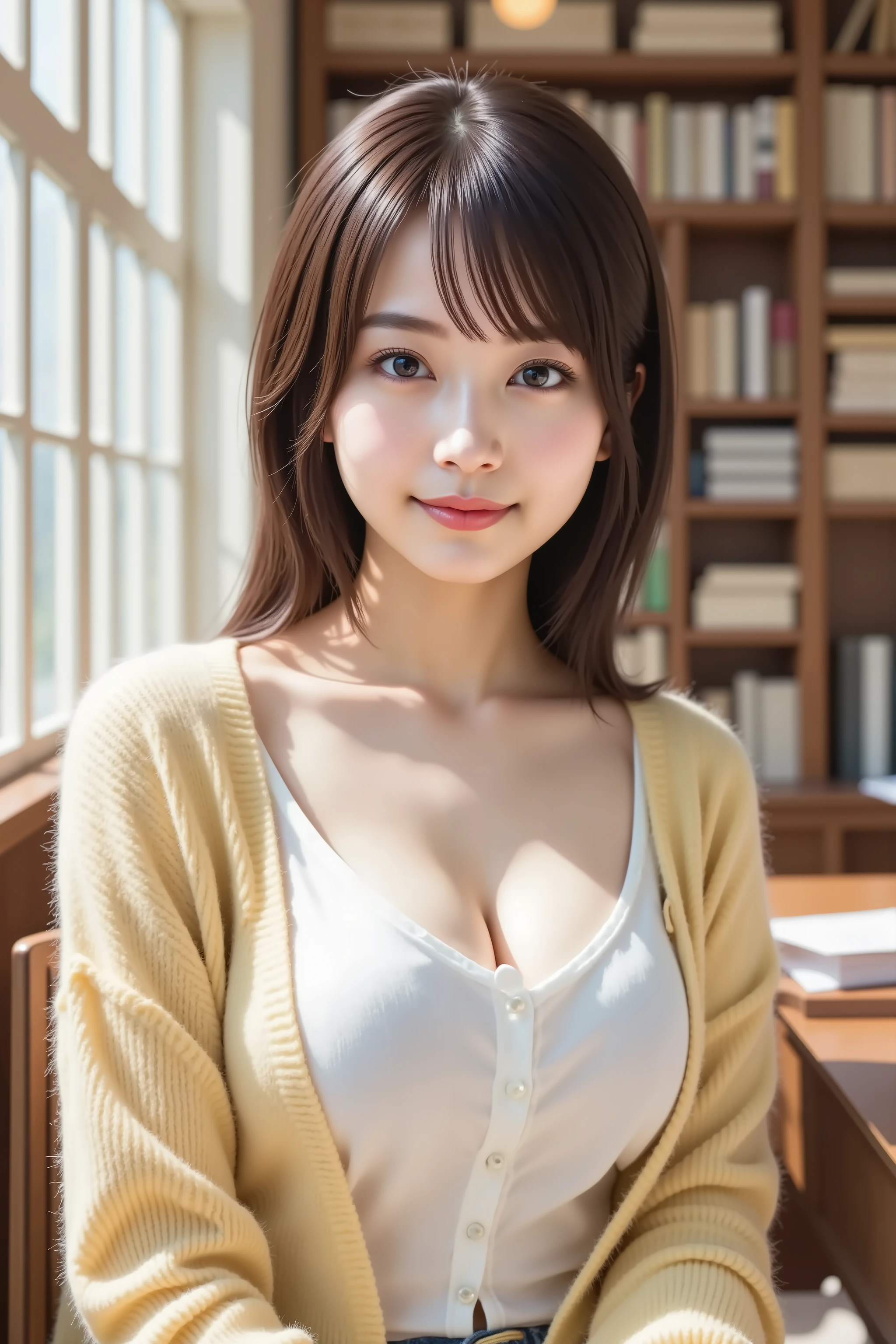 haruka, firm breast, by adjusting the framing so the subject's full head is visible within the composition, with the crop showing only from just above the bust to slightly above the top of the head. a highly detailed and realistic digital illustration of a young woman seated in a cozy, sunlit study or reading room filled with books and papers, by adjusting the framing so the subject’s full head is visible within the composition, with the crop showing only from just below the shoulders to slightly above the top of the head. Ensure there is a comfortable amount of background space above the head to establish spatial context. The illustration focuses on the subject’s upper body clothing and the warm interior background.
She is wearing a fitted white button-up blouse with the top buttons undone, creating a slight opening at the chest and revealing the contours of the fabric as it stretches naturally across her form. The shirt collar is open and relaxed. Over the blouse, she wears a soft, pale yellow cardigan draped over her shoulders. The texture of the cardigan appears lightweight and slightly fuzzy, hanging loosely without being fastened.
Her posture is upright but relaxed, with her hands resting below the visible frame, likely near some books or papers. The lighting is soft and warm, likely coming from a large window behind her, casting natural daylight that gently highlights her features and the folds of the fabric.
The background shows a detailed interior filled with wooden bookshelves lined with books and documents, as well as scattered stacks of paper and open folders. A window with white framing lets in bright light, and a desk lamp and ceiling light fixture add to the academic atmosphere. The color palette consists of warm wood tones, cream walls, and diffuse natural light, creating a calm and focused mood.
The overall scene captures a blend of classic scholarly ambiance with soft, natural realism, emphasizing structure in both wardrobe and environment.