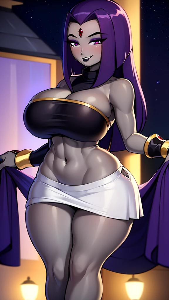 1girl, (((bimbo))), (dark grey skin:1.4), long black hair, yellow highlights in hair, (shining yellow eyes), (black sclera), ear rings, puffy lips, painted lips, thick lips, wide hips, thick thighs, enormous breasts, huge ass, revealing cleavage, erotic Smile face, bubble butt, Breasts, black robes, High heels, floating in space, holding a planet
