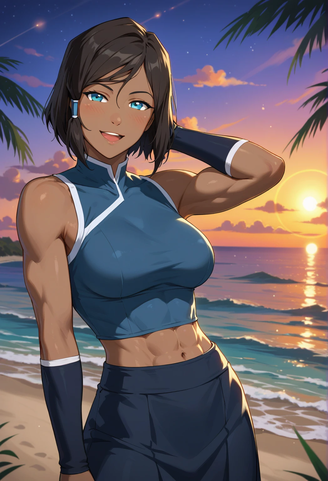 アニメ cel-shading (Rey Skywalker), brown eyes, hite bikini, blue lightsaber, on the beach in ((anime + manga + comics + cartoon) style)