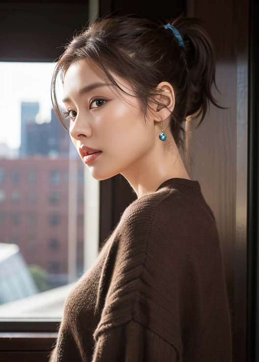 dressed, (photo realistic:1.4), (hyper realistic:1.4), (realistic:1.3), (smoother lighting:1.05), (increase cinematic lighting quality:0.9), 32K, 1girl,20yo girl, realistic lighting, backlighting, light on face, ray trace, (brightening light:1.2), (Increase quality:1.4), (best quality real texture skin:1.4), finely detailed eyes, finely detailed face, finely quality eyes, (tired and sleepy and satisfied:0.0), face closeup, t-shirts, (Increase body line mood:1.1), (Increase skin texture beauty:1.1)