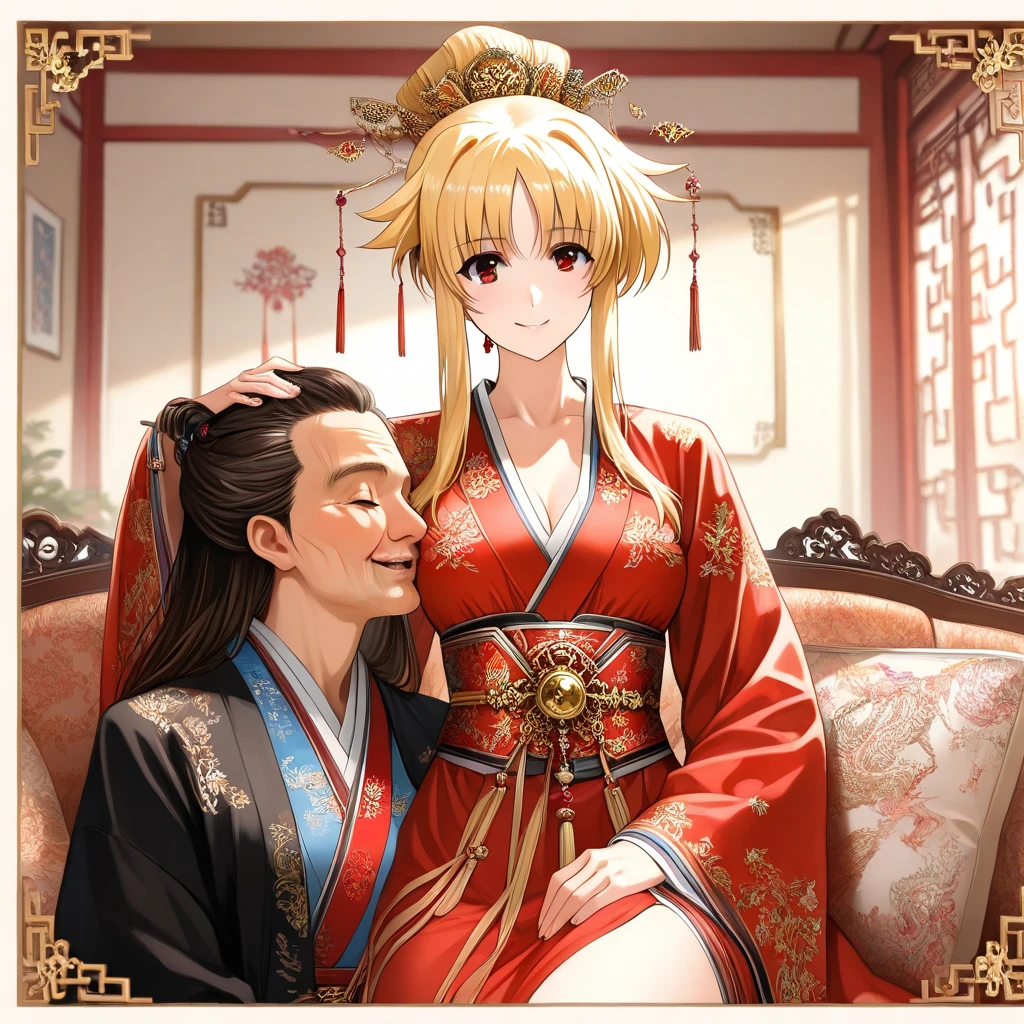 ((Highest quality)), ((masterpiece)), (detailed), （Perfect Face）、The woman is a Chinese woman named Tsukino Usagi, dressed in a gorgeous, glittering red Hanfu with lots of gold embroidery, a gorgeous hair ornament, gorgeous jeweled accessories and an engagement ring. The woman and the man are sitting on a gorgeous, large sofa in a gorgeous room, the woman is passionately embracing the middle-aged Chinese man dressed in a dignified and sturdy Hanfu, they are passionately kissing and the man is fondling her breasts as they make passionate love as husband and wife.、The woman is the elegant Tsukino Usagi, a Chinese woman with long blonde hair in a chignon twin tail and wearing a red Hanfu with gorgeous gold embroidery all over it.、The man is a dignified, muscular, bearded, middle-aged Chinese man wearing the traditional Chinese dress, Hanfu.
