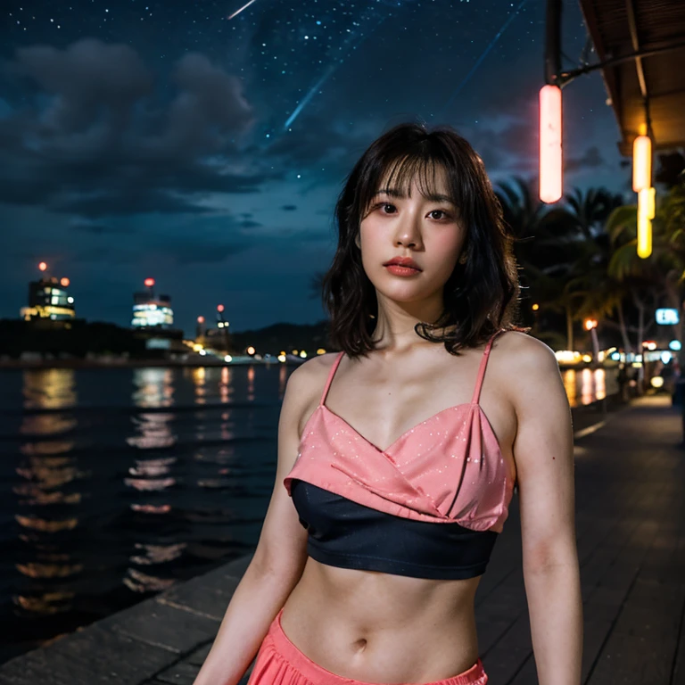 (masterpiece), top-quality, 超A high resolution,Japanese teenage girl, Cyberpunk Stunning cityscape,Japan girl standing on rooftop ,Blue and purple underwear、hair color random、Hairstyle Random、Neon Color Shooting Star, off shoulders, neon color, flushed, stunning night sky, 电影灯光, Photorealsitic, real looking skin, nffsw,