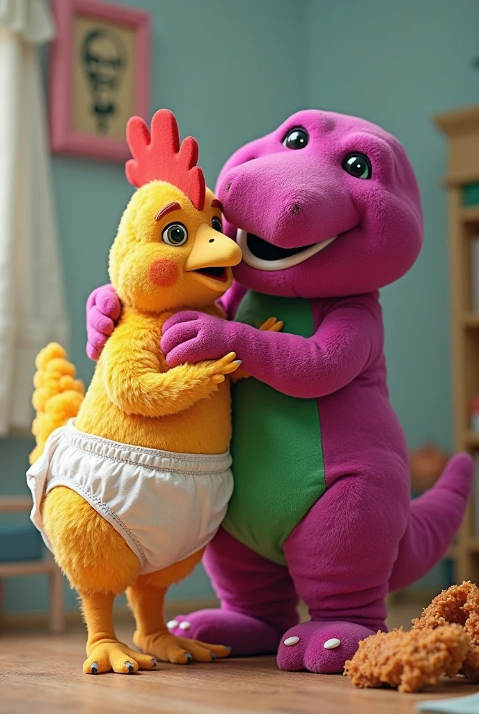 a close up of a purple dinosaur mascot with a green shirt, barney the dinosaur, barney the purple dinosaur, retired barney, full body mascot, barney and friends, plush mascot, claymation character, as a claymation character, pink iconic character, purple body, grimace, toonix character, full body with costume, lumpy skin, cereal mascot