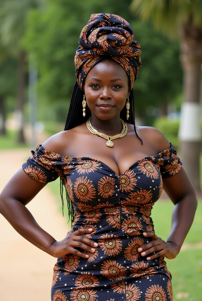 Create an image of a 23-year-old African woman, exuding happiness, dressed in a beautiful white ankara, she should be very thick and realistic , with a perfect face and smile. She should be walking down a street with the confidence and grace of a fashionista. The scene should be simple and capture her African heritage, reflecting her Kenyan background.