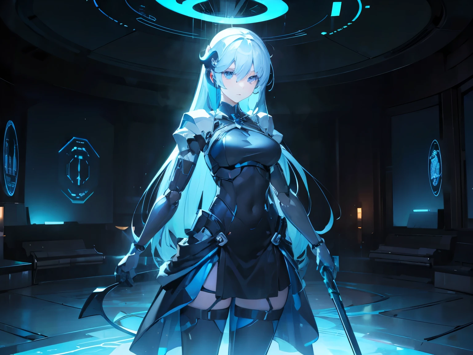 Create a futuristic setting with a female humanoid robot with a blue hologram design. The robot has long, flowing hair that glows blue, giving off an aura of advanced technology. She holds a large scythe with a long handle, a gray scythe that glows blue. The setting should depict the interior of a modern room. The atmosphere is dark and gloomy, emphasizing the symbiosis of technology and beauty.