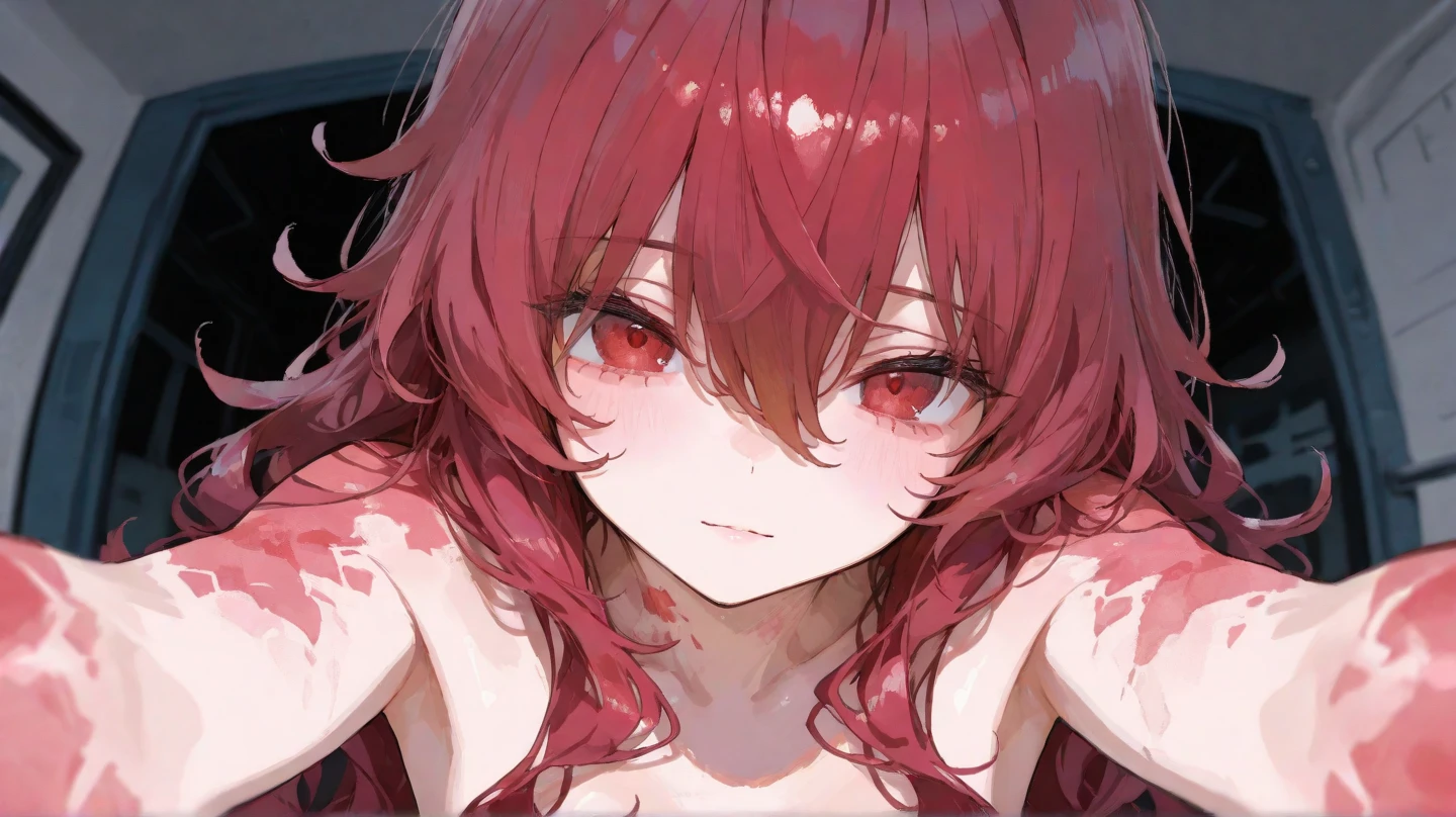 1 girl, anime, long hair, healthy skin, blood, blood on face, red eyes, medium breasts, women, standing, upper body, blushed.