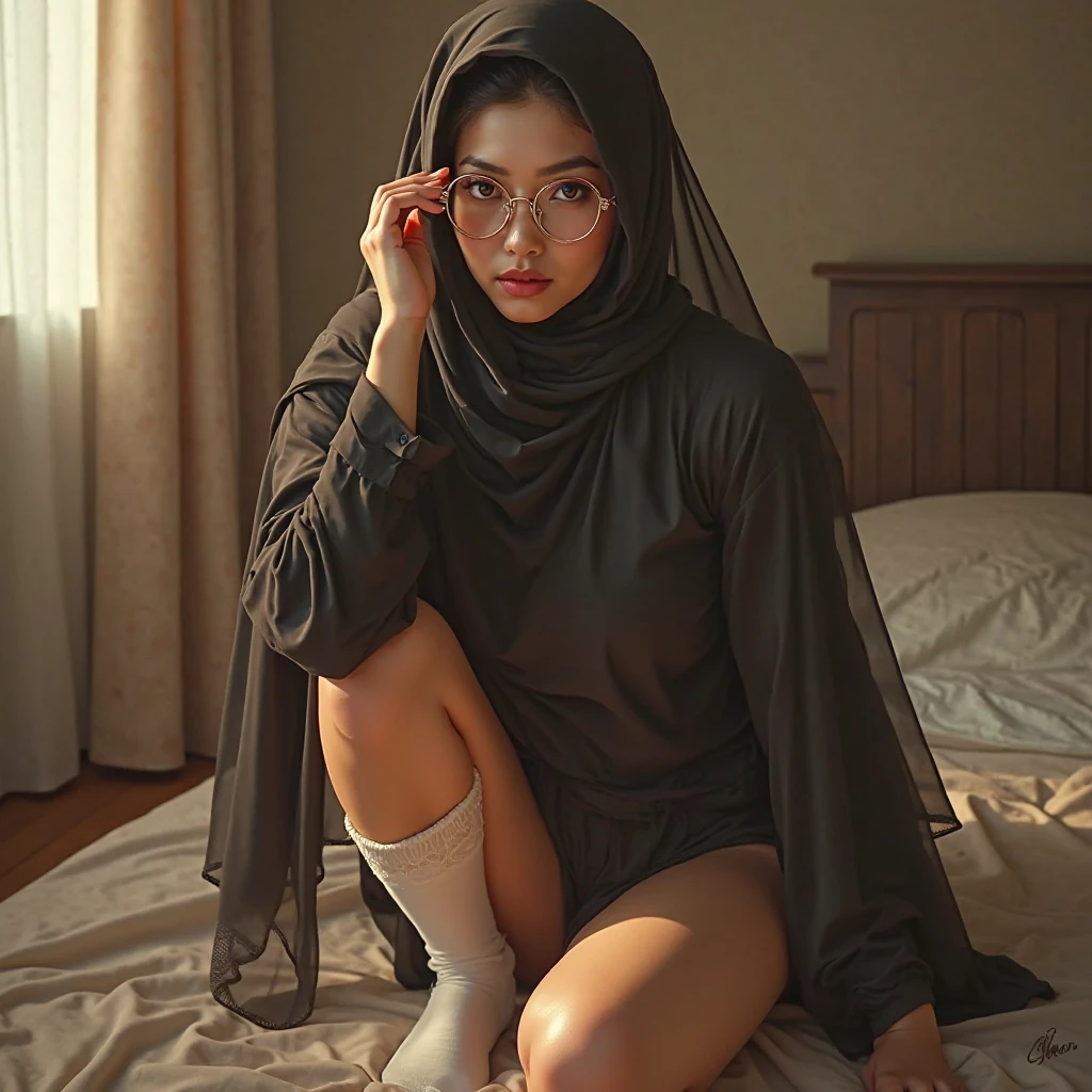 A sweet beautiful young Bogor city girl, 25 years old, sweet georgeus round childish face, white pale skins, big wide forehead, cute hawk type little nose, big round eyes, dark big mole under her eyes, very slim little body, slim legs, very slim buttock, straight neck short slim hairs, dark brownish small mouth, sensual thin uper lip, sensual heavy lower lip, small size teenage breasts, descent mixed from sundanese and javanese, shy and quite type girl, her name is Salma, she is ex local university student, nate thin straight medium black hairs with a bangs, sleeping down while lying spread wide legs on sofa at her home yard, she is very tired and exhausted after has a long journey, wearing messy hijab, wearing messy very thin long sleeve unbuttoned muslimah shirt and folded up unzipped long skirt, wearing soft cup bra, wearing white thin panty, sunshine shining to all her body, cute sweet sleeping face, closed tired eyes, wearing glasses, wearing high heels,