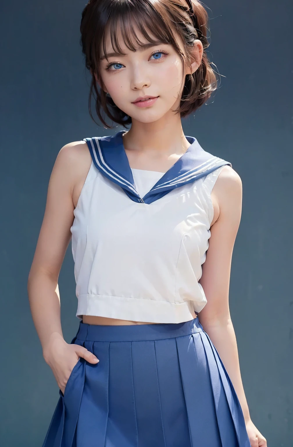 ((((((18-year-old))))))、(((A charming face)))、(((Young face)))、(((beautiful girl)))、(((A beautiful woman)))、Beautiful woman、Cute woman、((Innocent face))、((Smile))、((Ultra-detailed face))、((Detailed lips))、((Detailed eyes))、((double eyelid))、(((Beautiful Face)))、(((Beautiful, well-shaped eyes)))、(((Beautiful, well-shaped lips)))、Very Short Hair、ponytail、Pixie cut、BREAK、BREAK、(((Wearing a sailor uniform)))、BREAK、8 heads、(((slender)))、(((Slim body)))、(((Thin body)))、(((Slim woman)))、(Flat Chest:1.5)、BREAK、Photographic quality、Natural light、(フォトRealistic:1.4)、(Highest quality:1.2)、(Ultra-high resolution:1.2)、8K、RAW Photos、Realistic、High Detail、Film Grain、Detail Skin、Symmetrical、Delicate skin、Real human skin、pores、Super detailed、Detailed、(masterpiece : 1.2)、Thin face、Sharp Face、Small Face、Small face、Narrow shoulders、Small shoulders、Small shoulders幅、Slim shoulders、Narrow shoulders幅、Beautiful Japanese Woman、Beautiful Korean Woman、Slim womanモデル、Young Gravure Idol、Realistic young gravure idol、Young Sensual Gravure Idol、Young Pretty Gravure Idol、Japanese Model、Young Gravure Idol、((From the knee up)) 、(arms behind back:1.3)