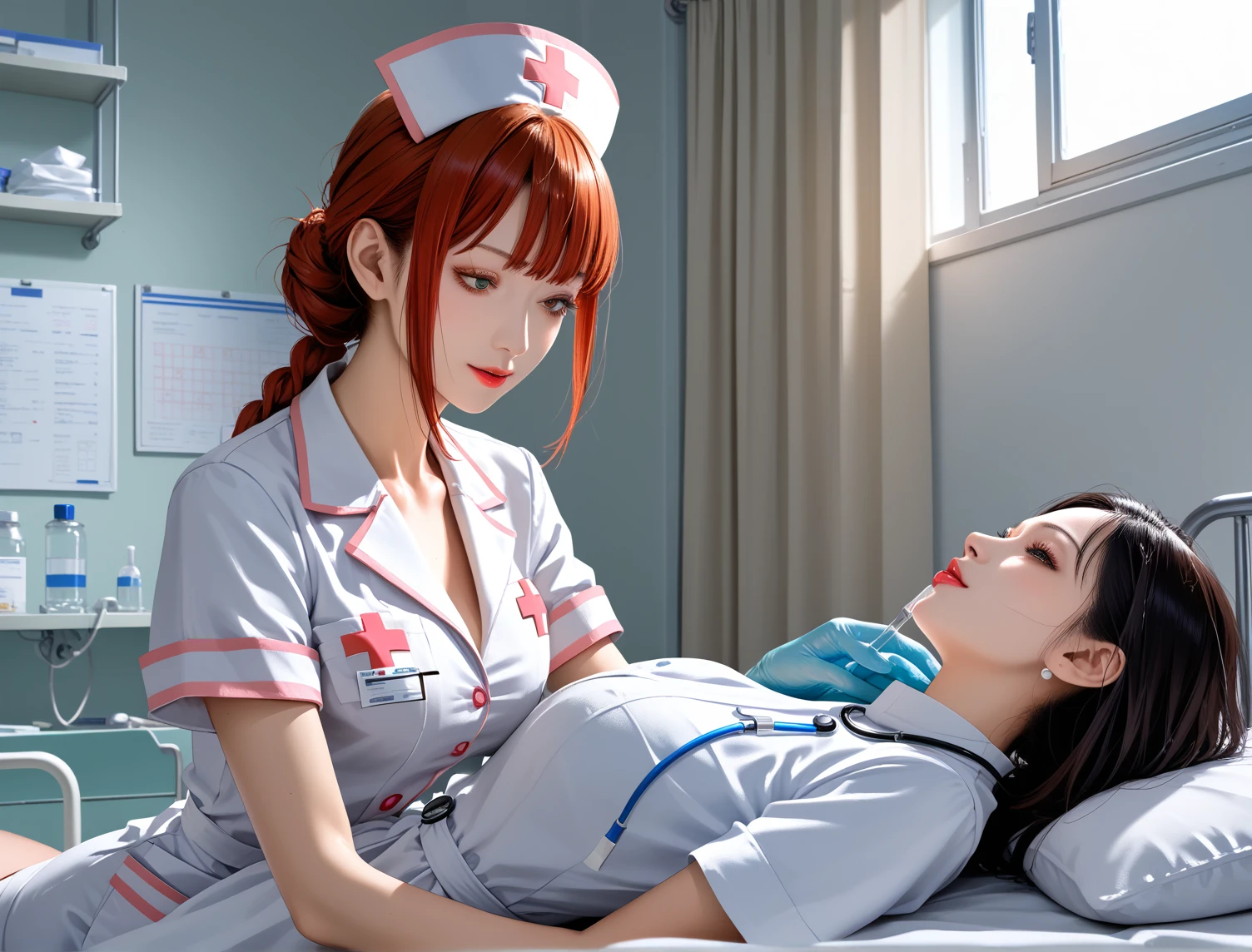 Two beautiful young women, Anime Style, Detailed face, Redhead, Red eyes, Delicate features, Soft lighting, Wear a nurse costume, laugh and enjoy, Playful expressions, cozy、Well decorated bedroom, Person sitting on bed, Another was standing nearby., Mr.々Cosplay accessories are scattered around, Bright and attractive indoor lighting, Dynamic pose, Japanese Anime Style, high quality, Very detailed, 8K resolution, Cinema Lighting, 最high quality, Vibrant colors, Instagrammable, beautiful, trend、Half naked、Erotic、sexy